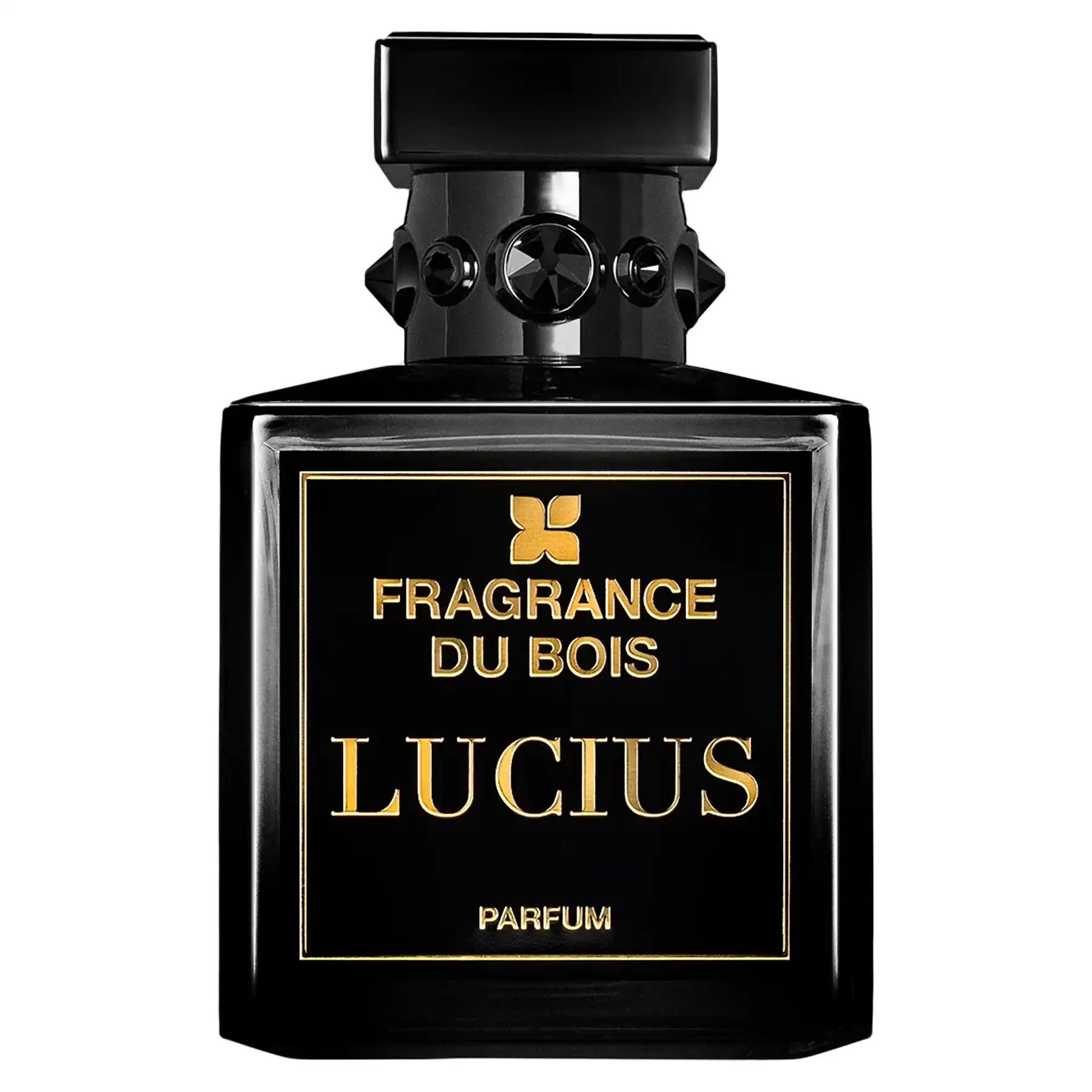 Fragrance Du Bois Lucius perfume bottle in glossy black with gold label and signature studded collar, shown front-facing against a white background.