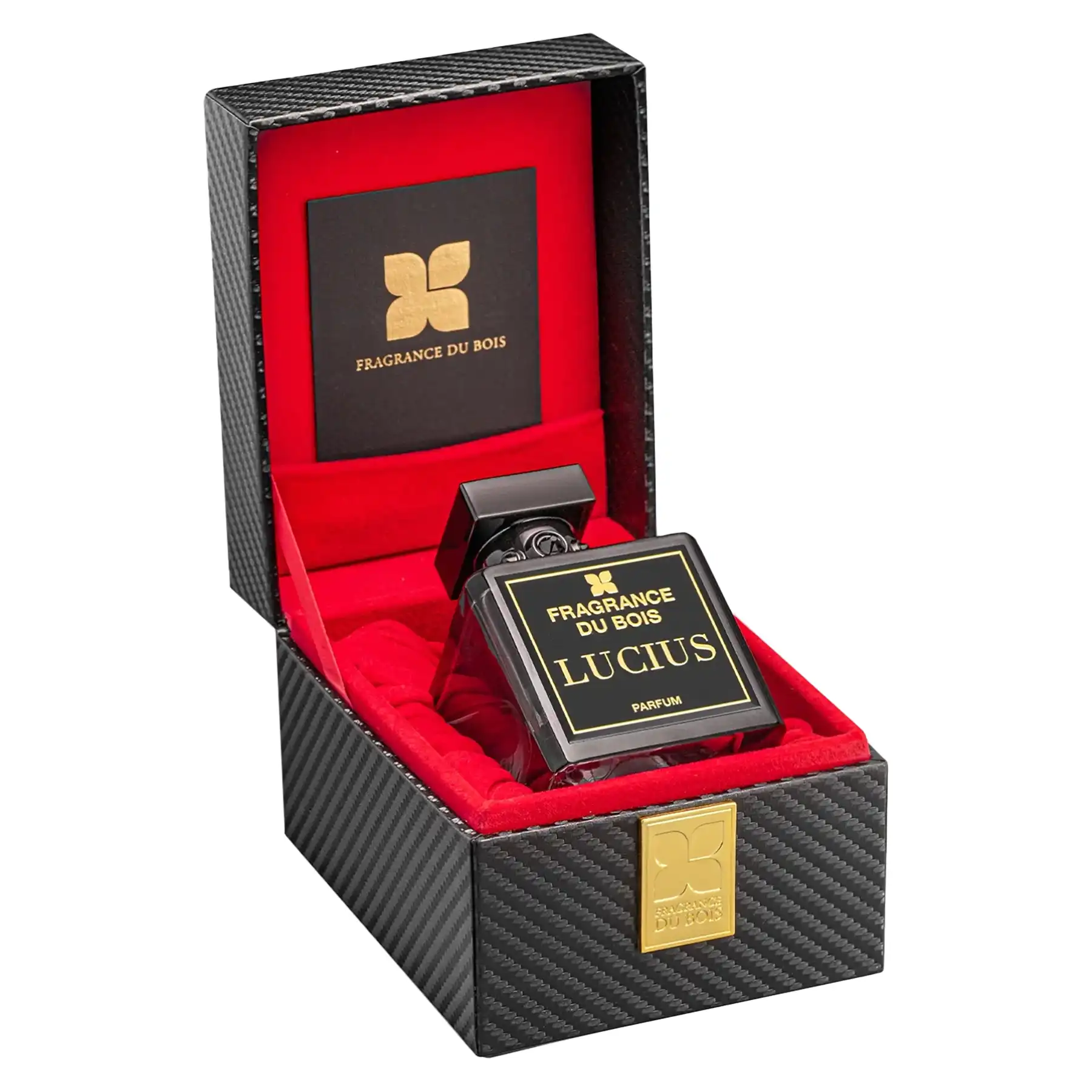 Fragrance Du Bois Lucius perfume displayed inside a luxurious black textured box lined with red velvet, showcasing elegant presentation packaging.
