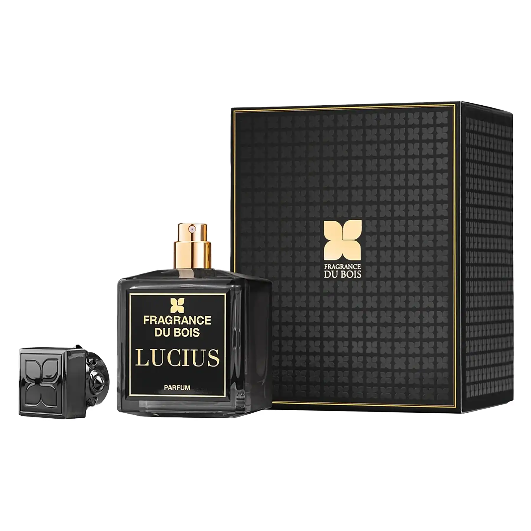 Fragrance Du Bois Lucius perfume bottle with cap removed, shown next to its black and gold outer box, highlighting spray nozzle and branding.