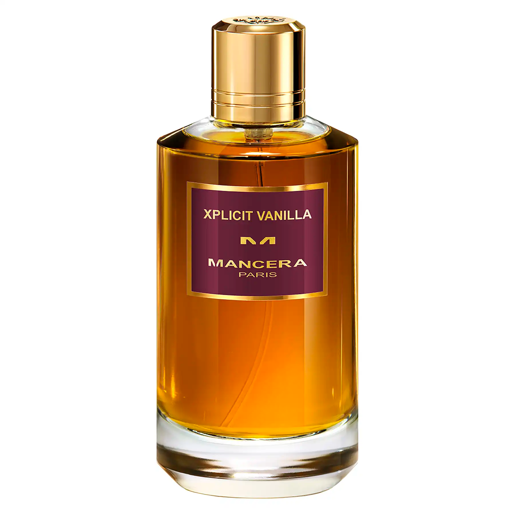 Xplicit Vanilla by Mancera – full bottle with gold cap and deep amber juice, shown on a clean white background.