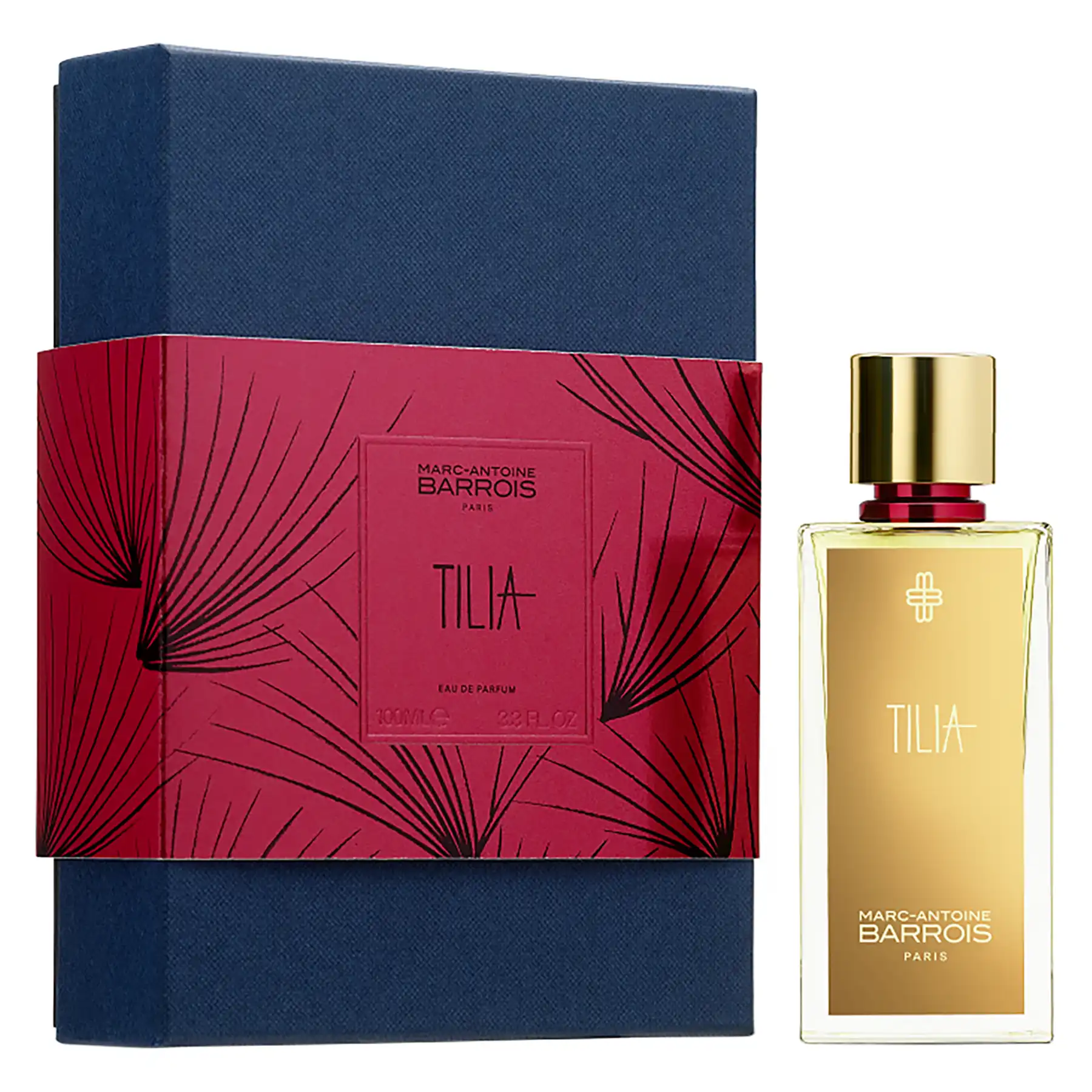 Tilia Eau de Parfum by Marc-Antoine Barrois, 100ml bottle next to navy and red box packaging