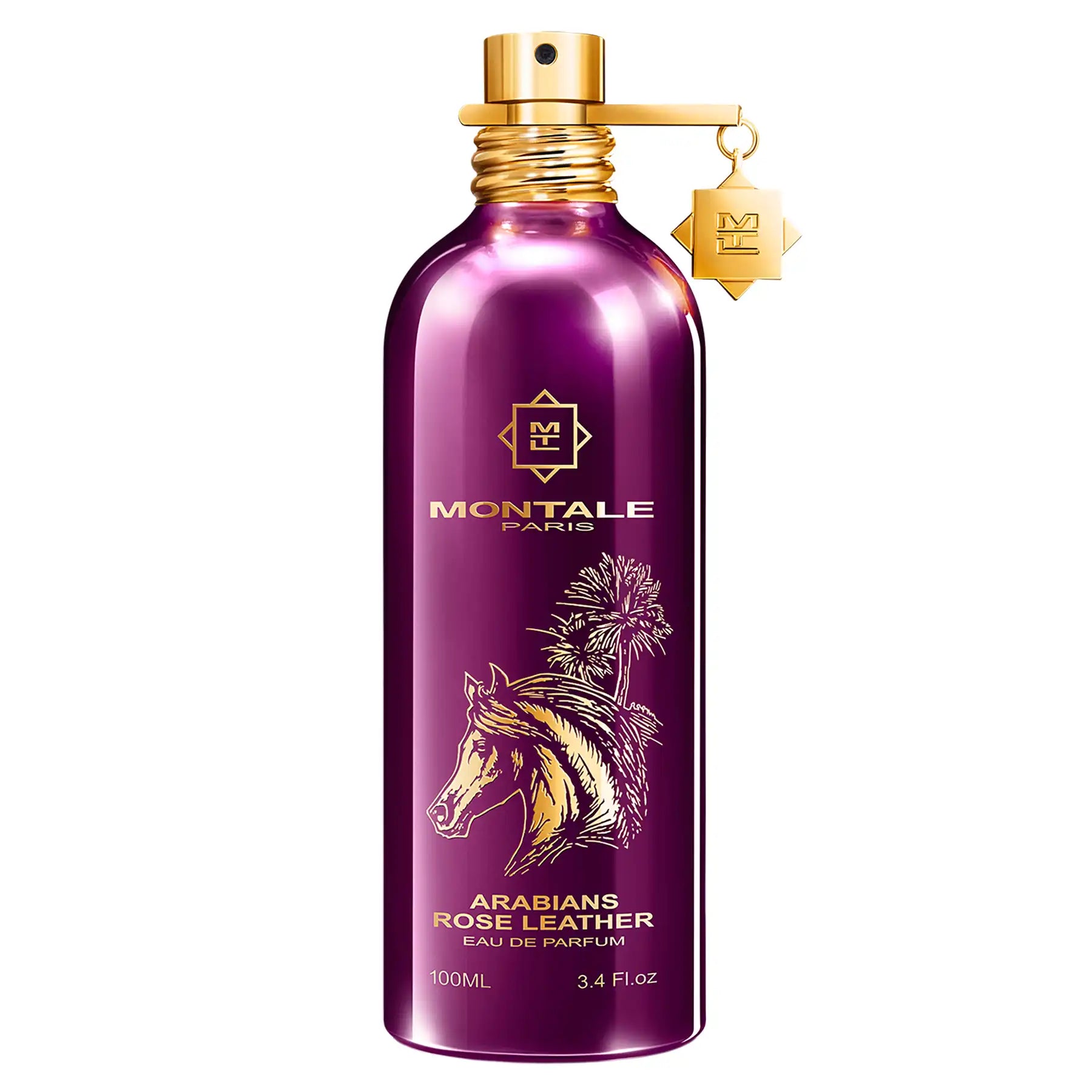 Bottle of Montale Arabians Rose Leather perfume with black leather and rose-themed packaging