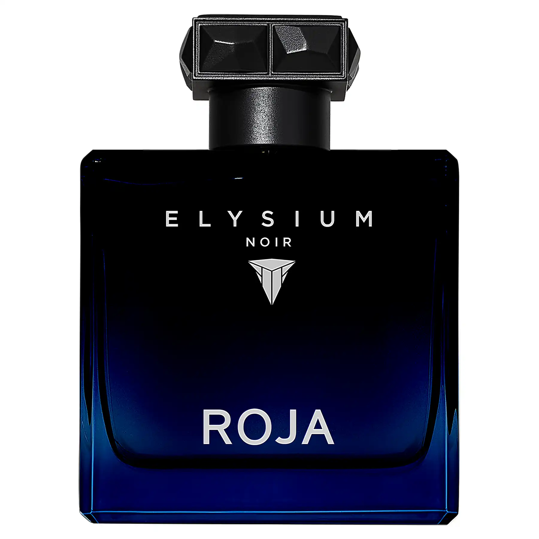 Roja Elysium Noir Eau de Parfum bottle with midnight blue to black gradient glass and silver-trimmed black cap