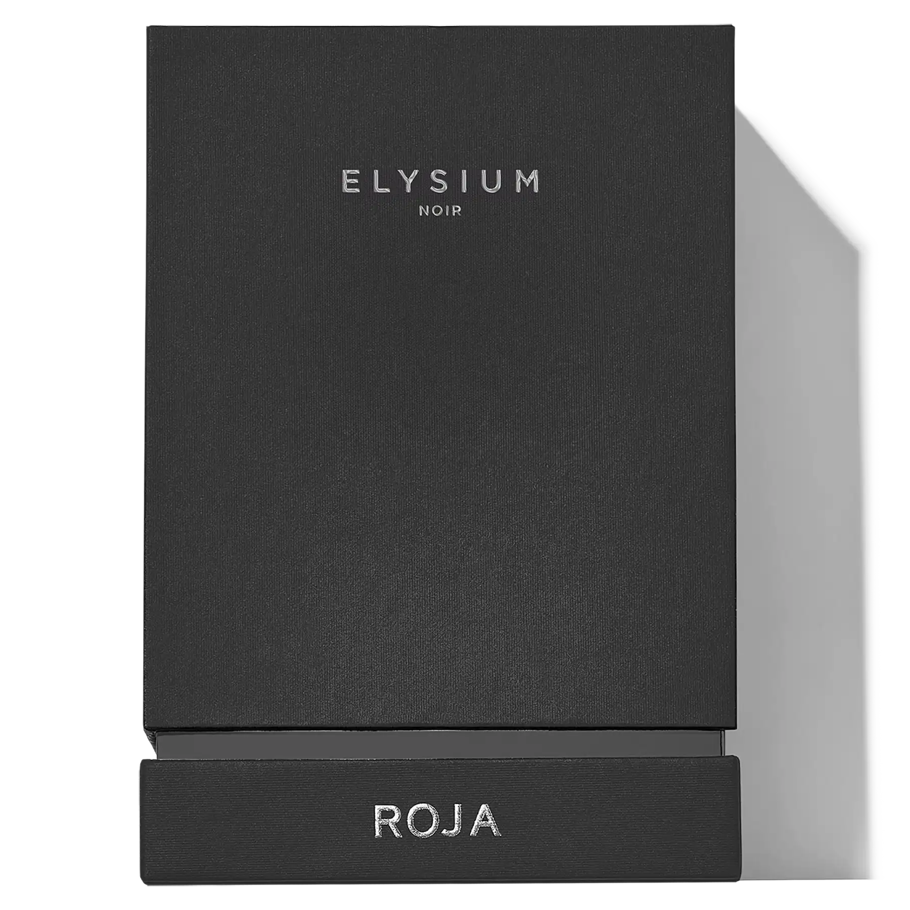 Roja Elysium Noir luxury black presentation box with silver embossed lettering