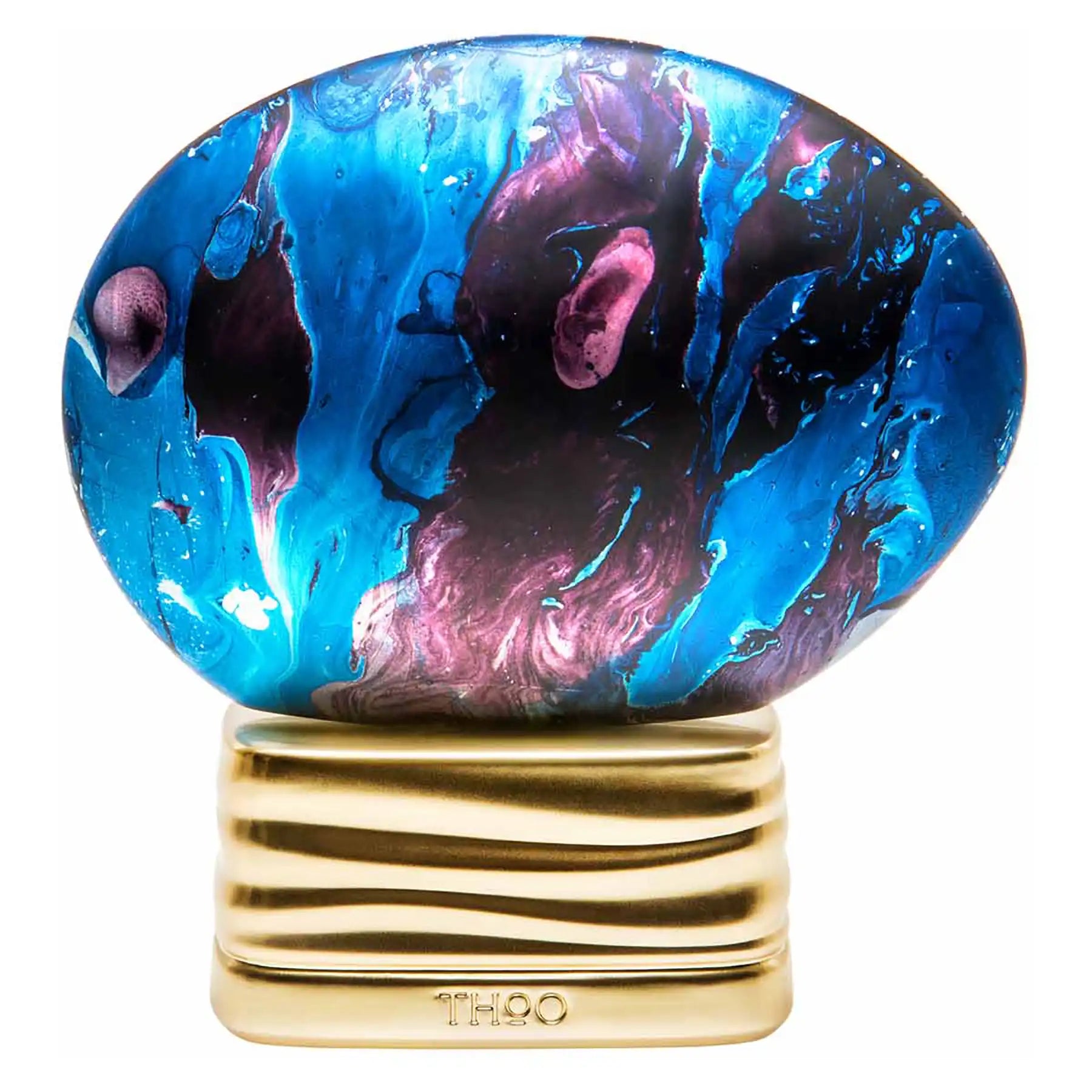 The Time Eau de Parfum by The House of Oud, 75ml perfume bottle with vibrant blue and purple abstract design on a gold-engraved base
