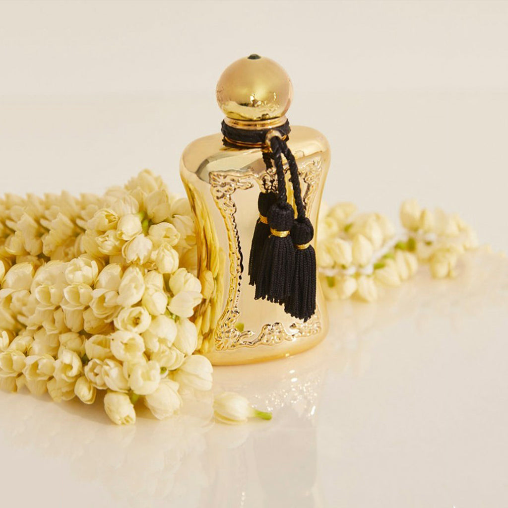 Darcy by Parfums de Marly, 75ml gold bottle with pearls scattered in the background