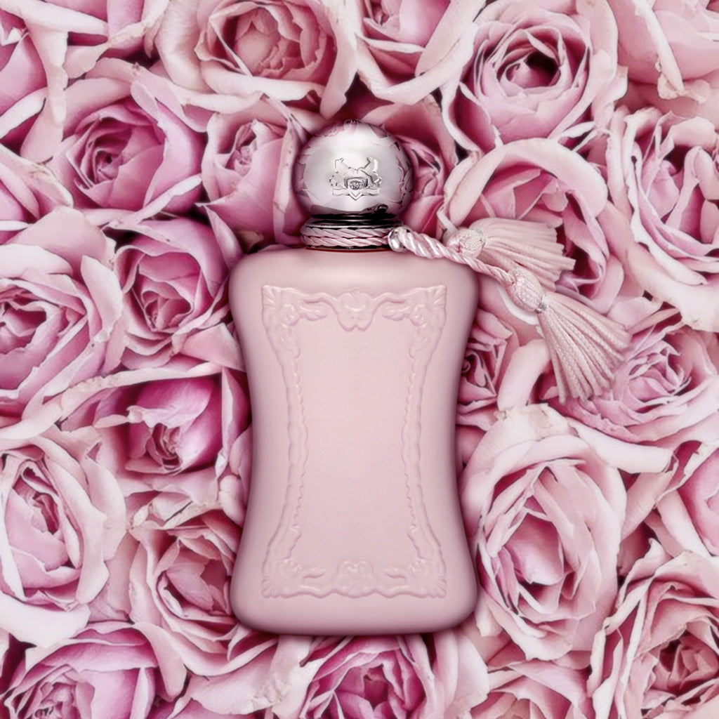 Delina by Parfums de Marly, 75ml pink bottle on a bed of pink roses