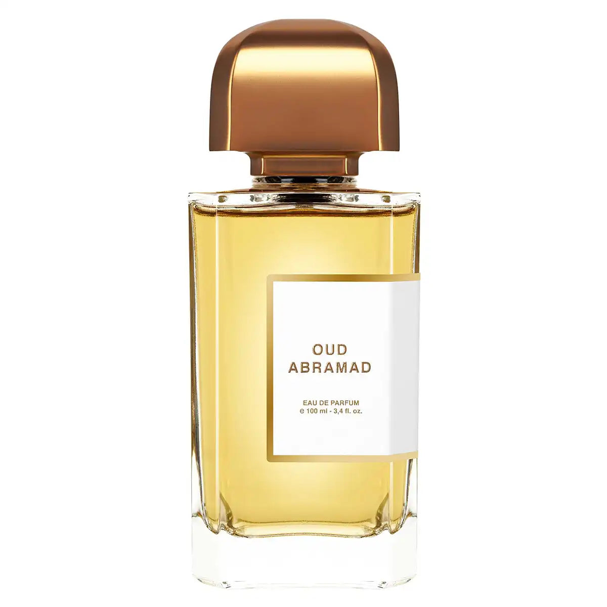 Oud Abramad Eau de Parfum by BDK Parfums, 100ml clear bottle with bronze cap and minimalist label on pale amber liquid