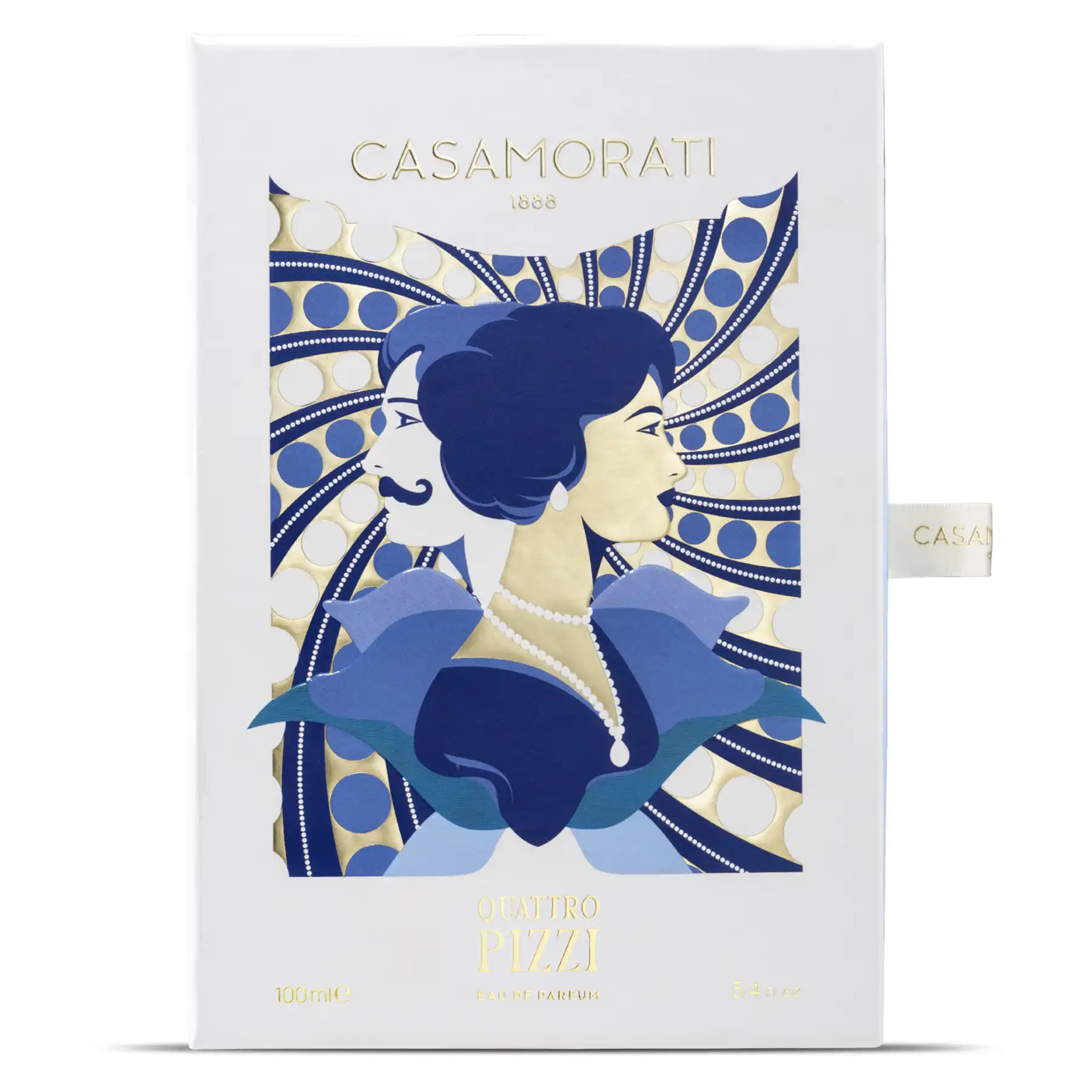 Casamorati Quattro Pizzi perfume box featuring a white and blue design with the Casamorati logo.