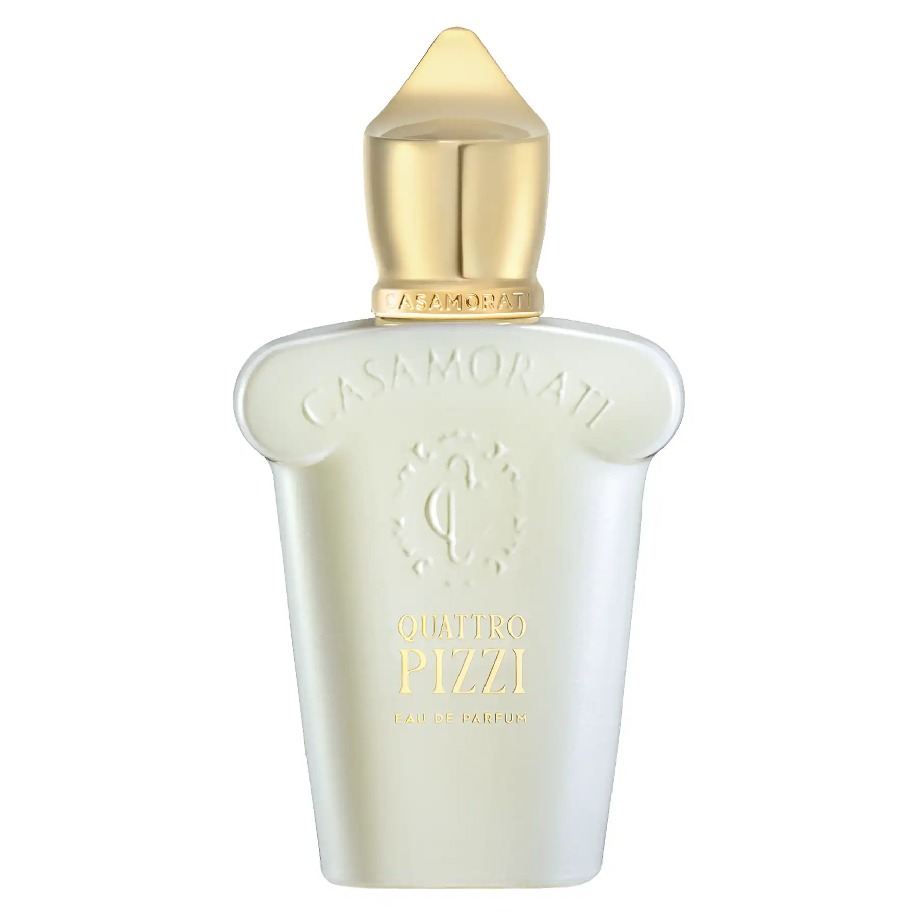 Casamorati Quattro Pizzi perfume bottle showcasing a white and gold design with an elegant tassel.