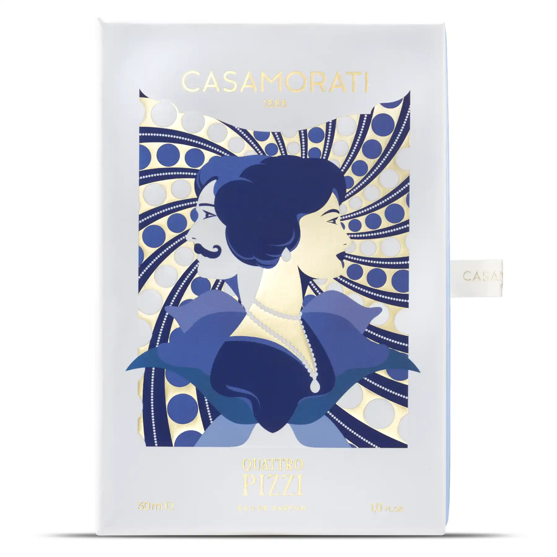 Casamorati Quattro Pizzi perfume box with a white and blue design, featuring the Casamorati logo.