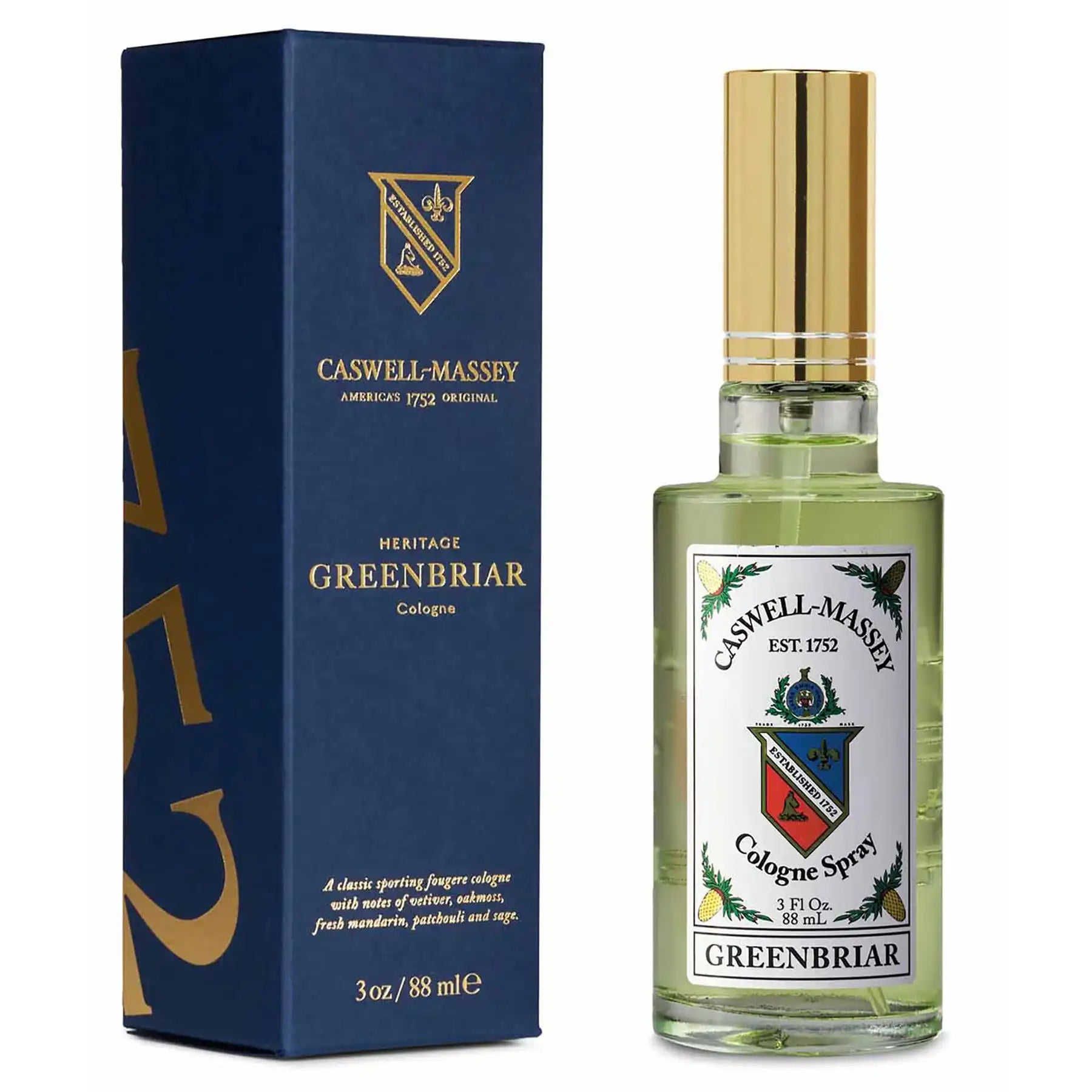 Greenbriar Cologne by Caswell-Massey, 88ml bottle next to blue box packaging with gold accents