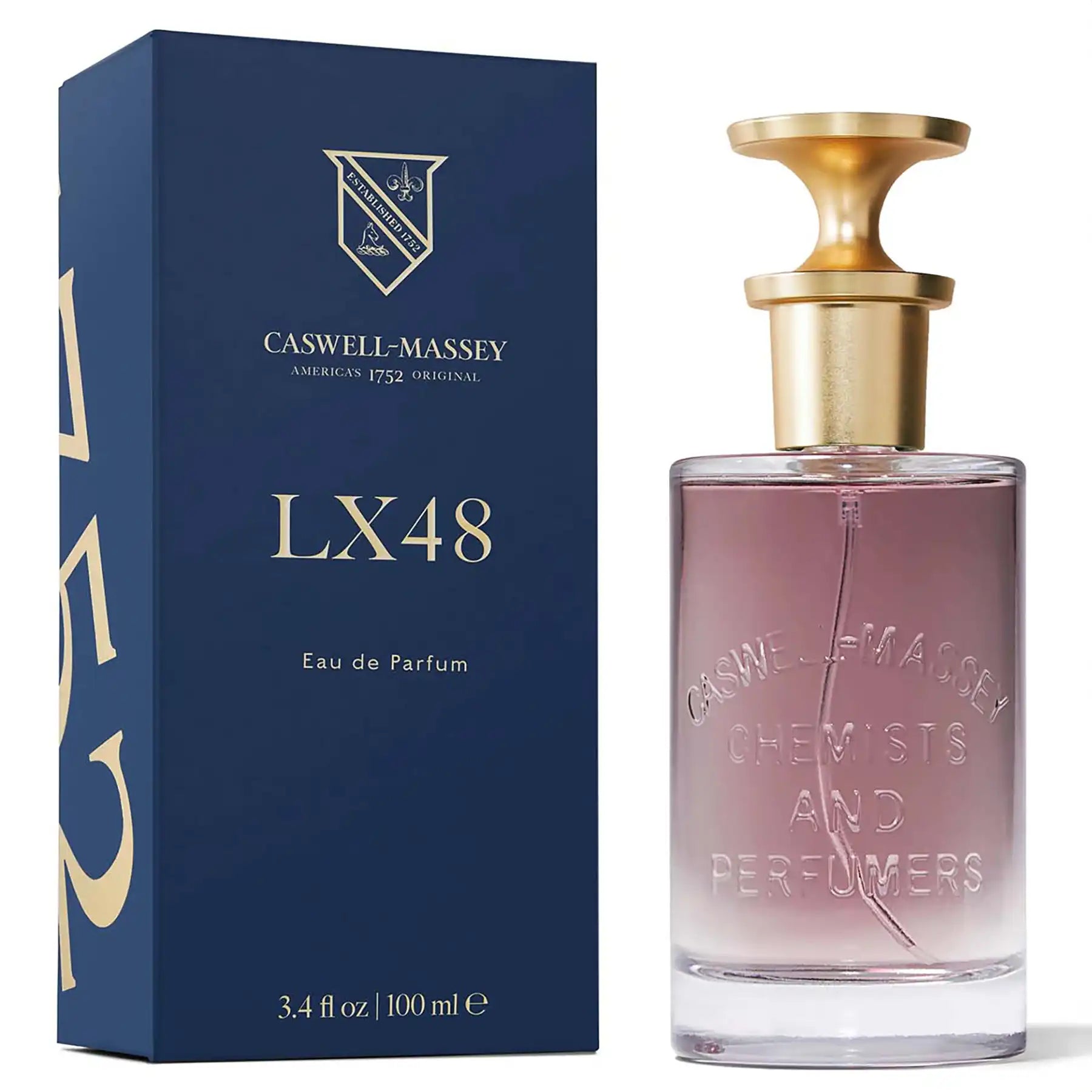 LX48 Parfum by Caswell-Massey, 100ml bottle next to blue box packaging with gold accents