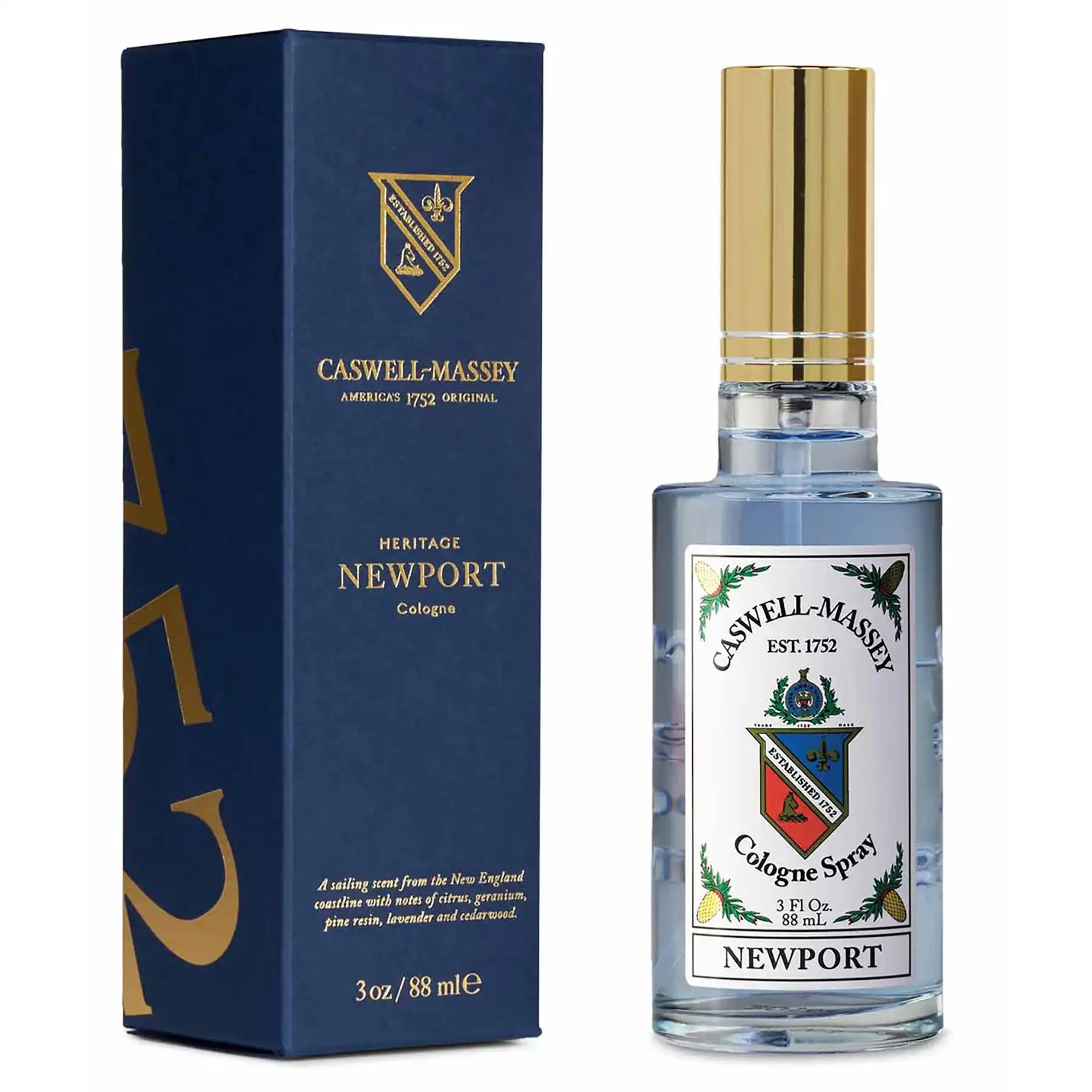 Newport Cologne by Caswell-Massey, 88ml bottle next to blue box packaging with gold accents