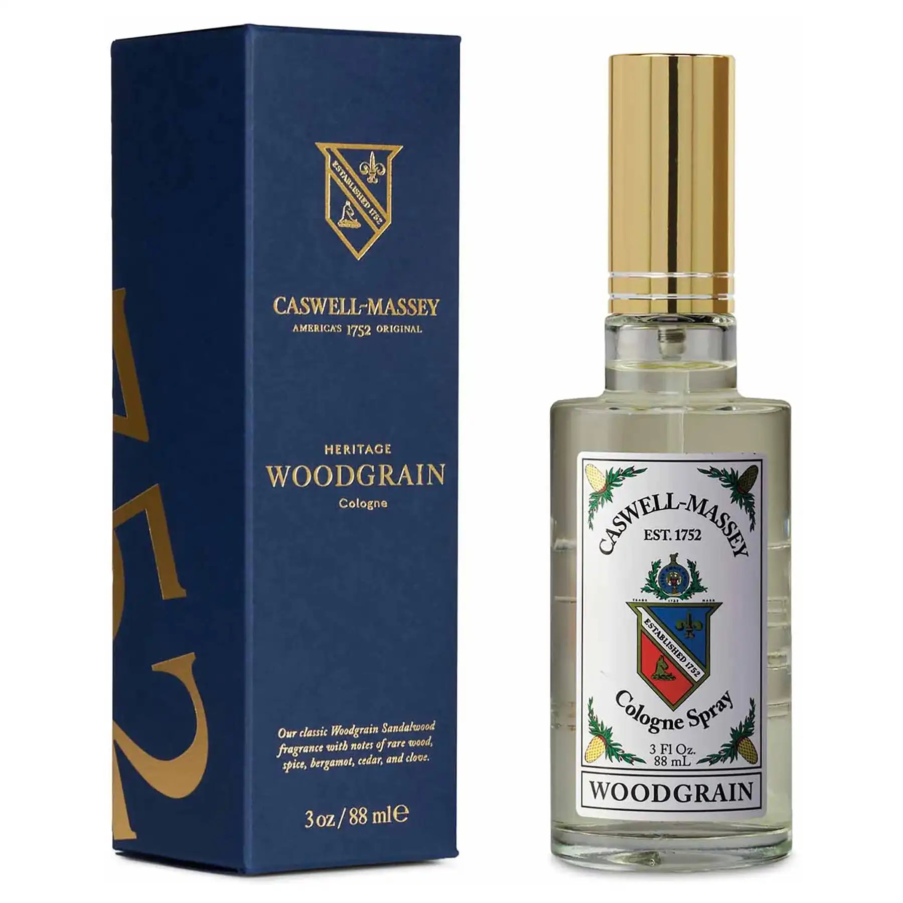 Woodgrain Sandalwood Cologne by Caswell-Massey, 88ml bottle next to blue box packaging with gold accents