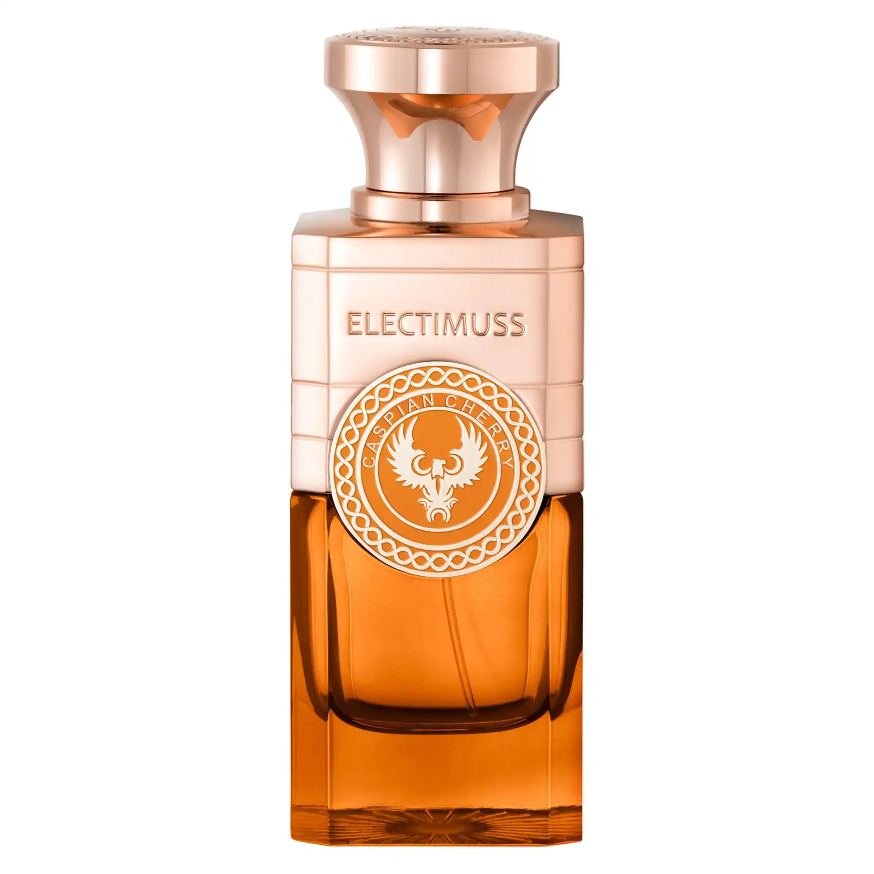 Electimuss Caspian Cherry Extrait de Parfum in a gold and amber-toned glass bottle with a rose gold cap