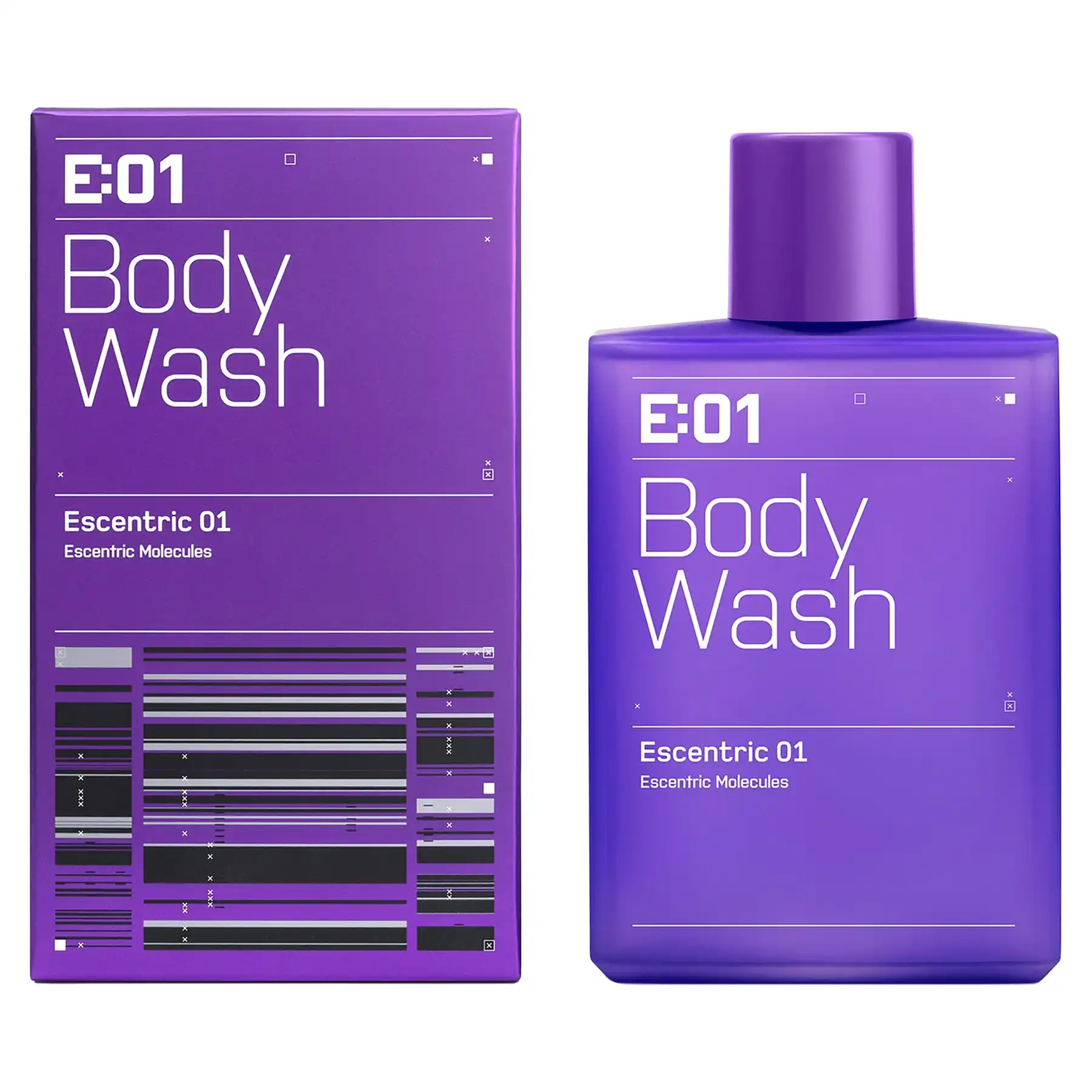 Escentric Molecules Escentric 01 Body Wash purple bottle next to matching packaging, side-angle view