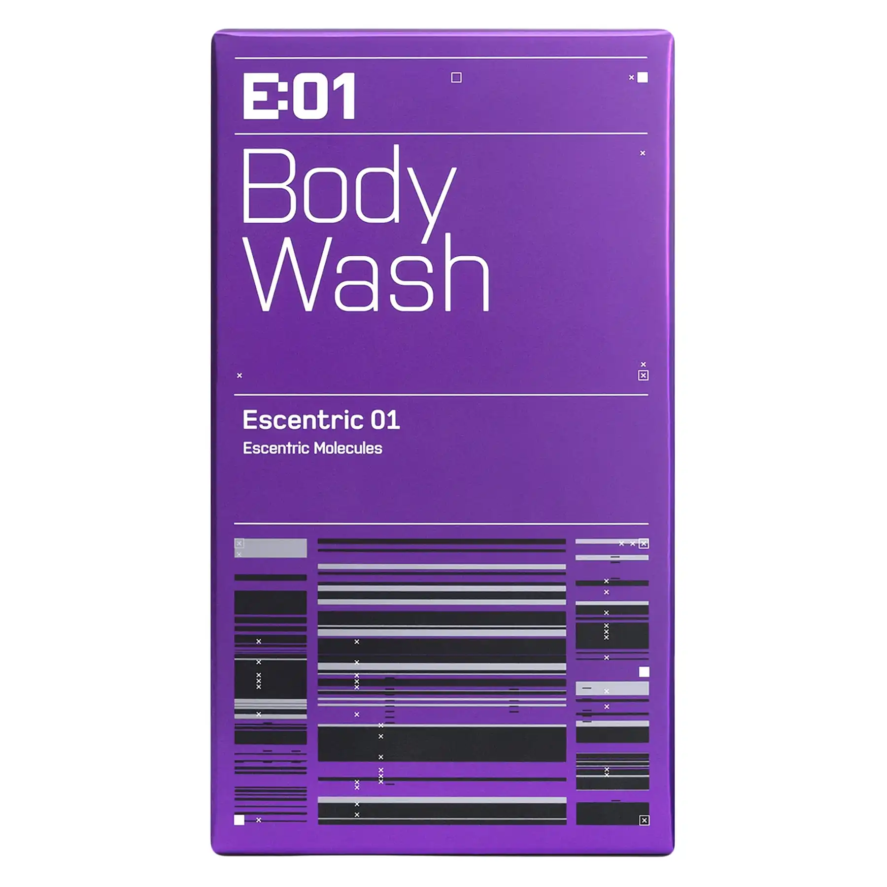 Escentric Molecules Escentric 01 Body Wash purple bottle with matching packaging, front display