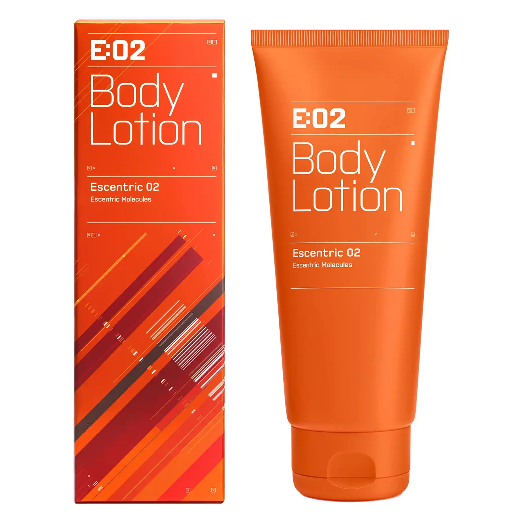 Escentric Molecules Escentric 02 Body Lotion orange tube next to matching packaging, side-angle view