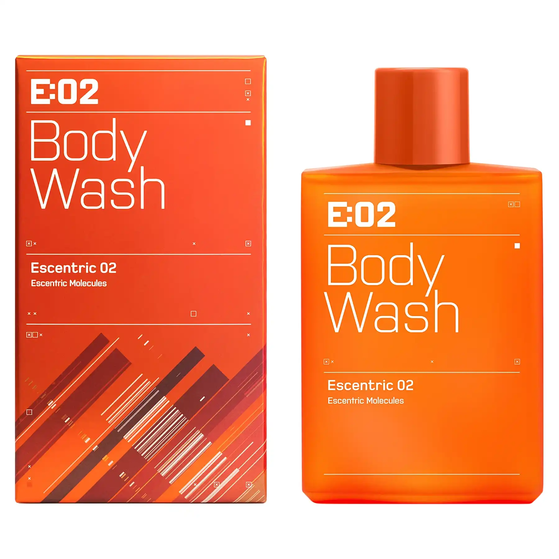 Escentric Molecules Escentric 02 Body Wash orange bottle next to matching packaging, side-angle view