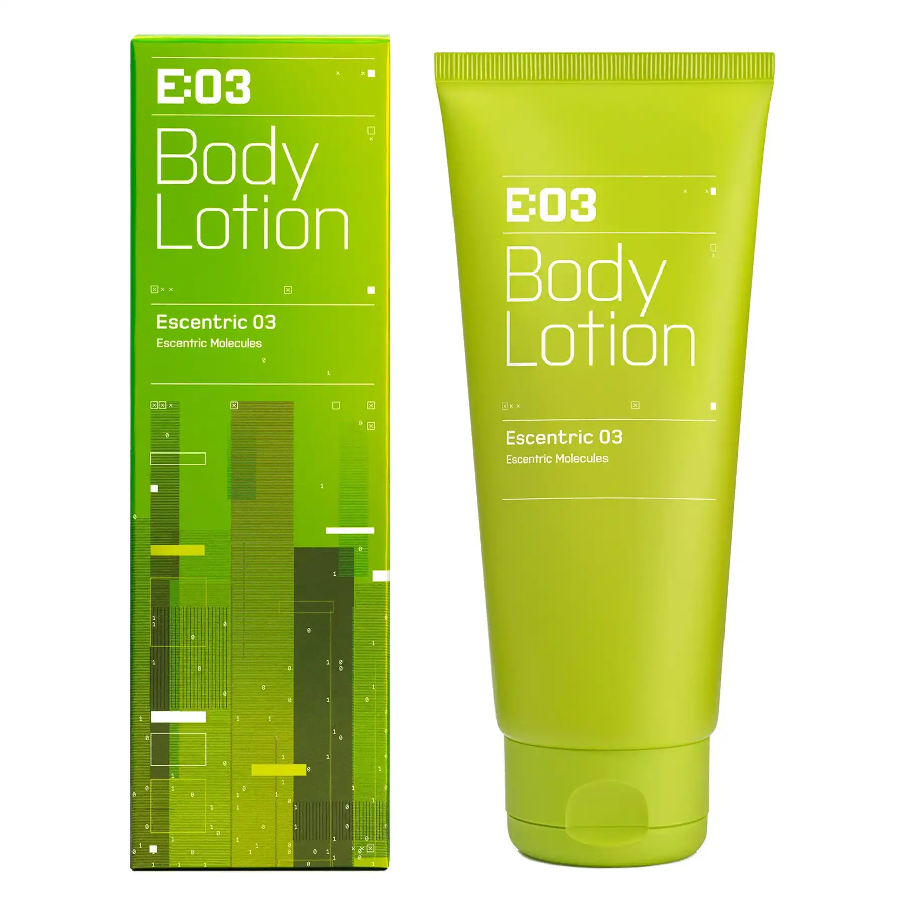 Escentric Molecules Escentric 03 Body Lotion lime green tube next to matching packaging, side-angle view