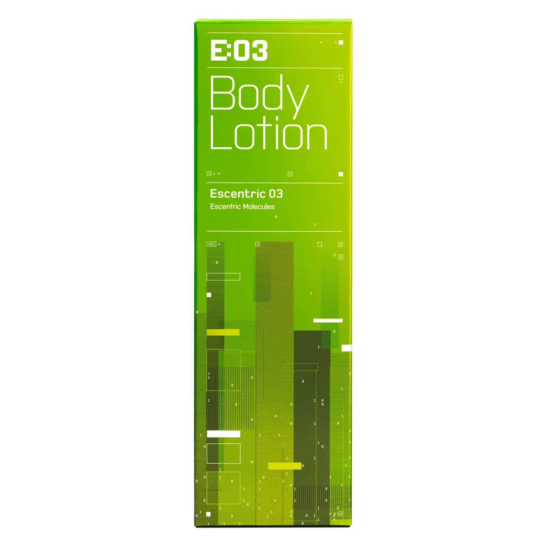 Escentric Molecules Escentric 03 Body Lotion lime green tube with matching packaging, front display