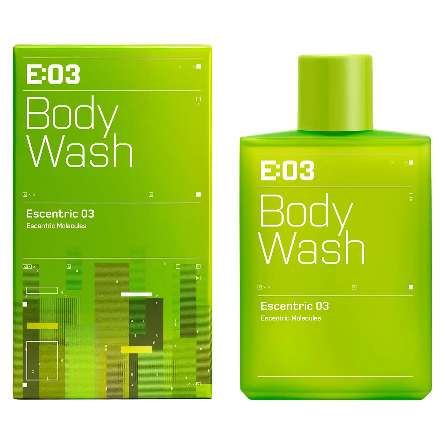 Escentric Molecules Escentric 03 Body Wash lime green bottle next to matching packaging, side-angle view