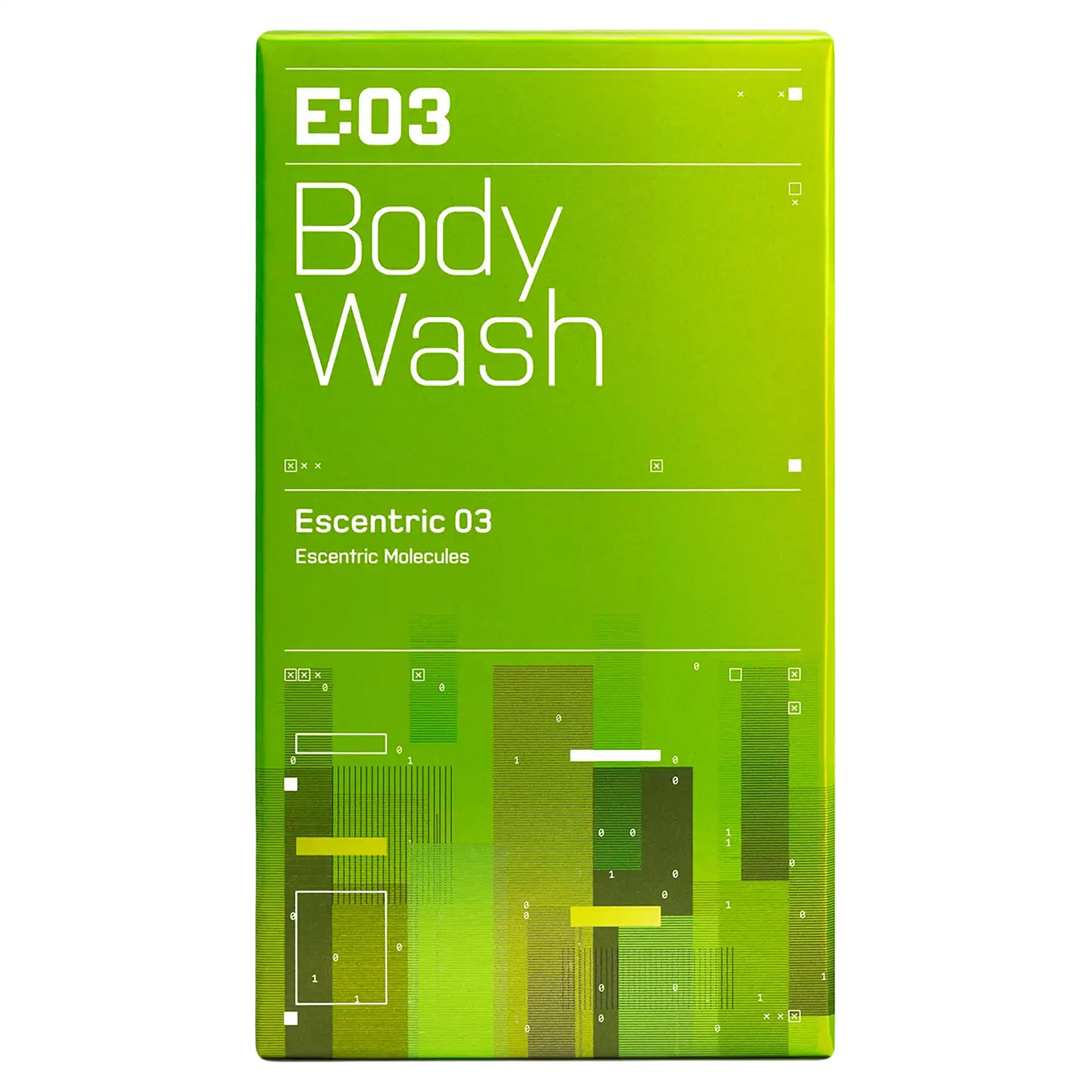 Escentric Molecules Escentric 03 Body Wash lime green bottle with matching packaging, front display