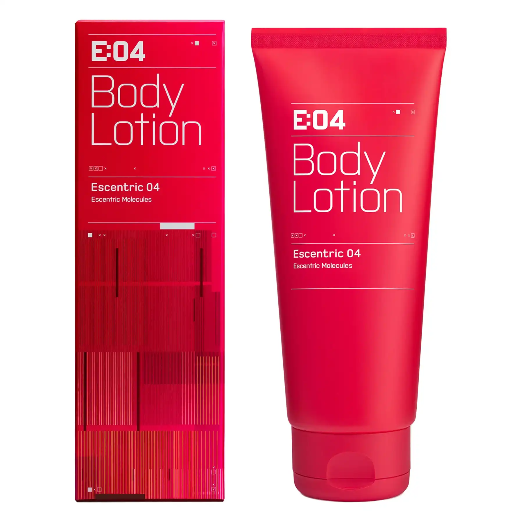 Escentric Molecules Escentric 04 Body Lotion red tube next to matching packaging, side-angle view