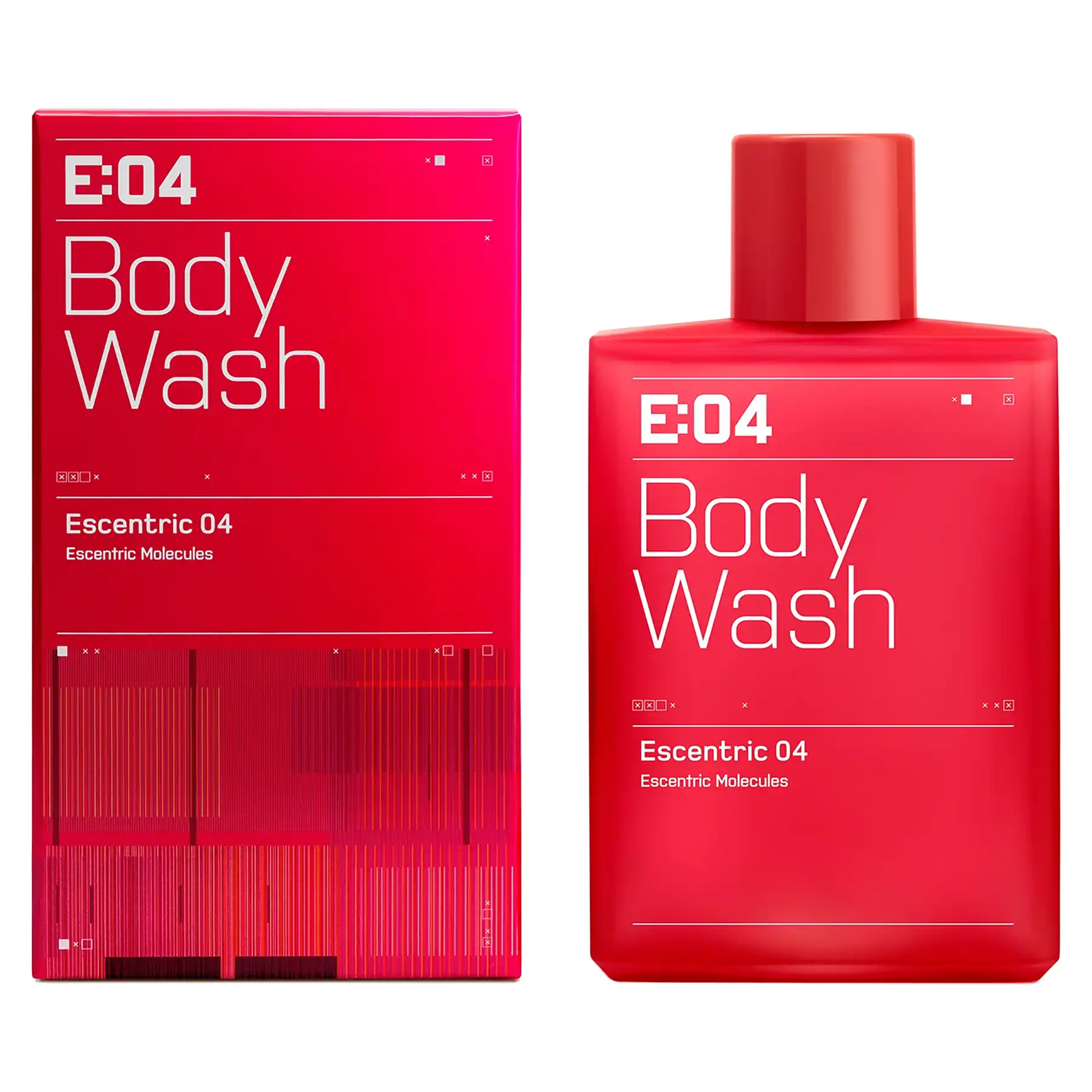 Escentric Molecules Escentric 04 Body Wash red bottle next to matching packaging, side-angle view