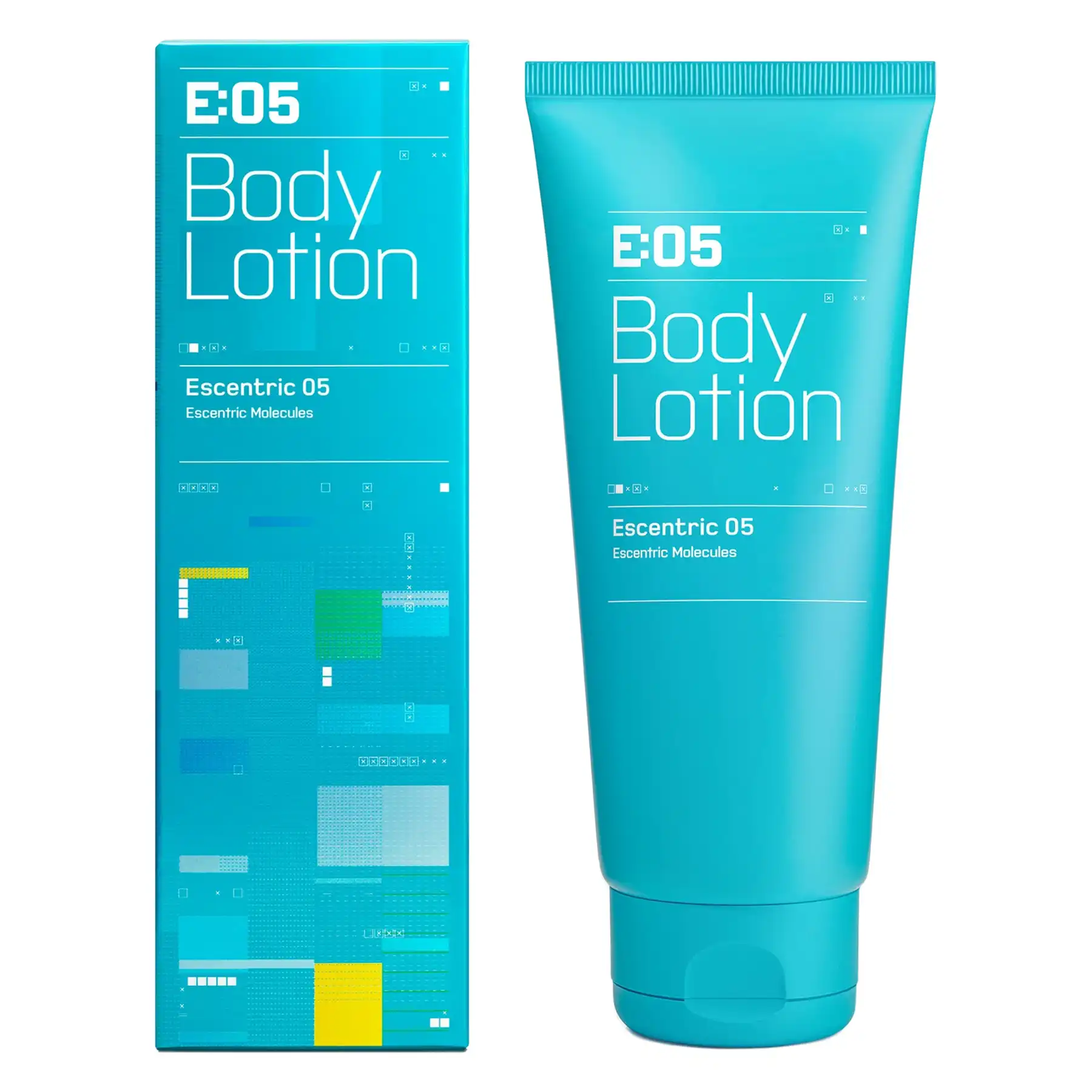 Escentric Molecules Escentric 05 Body Lotion turquoise tube next to matching packaging, side-angle view