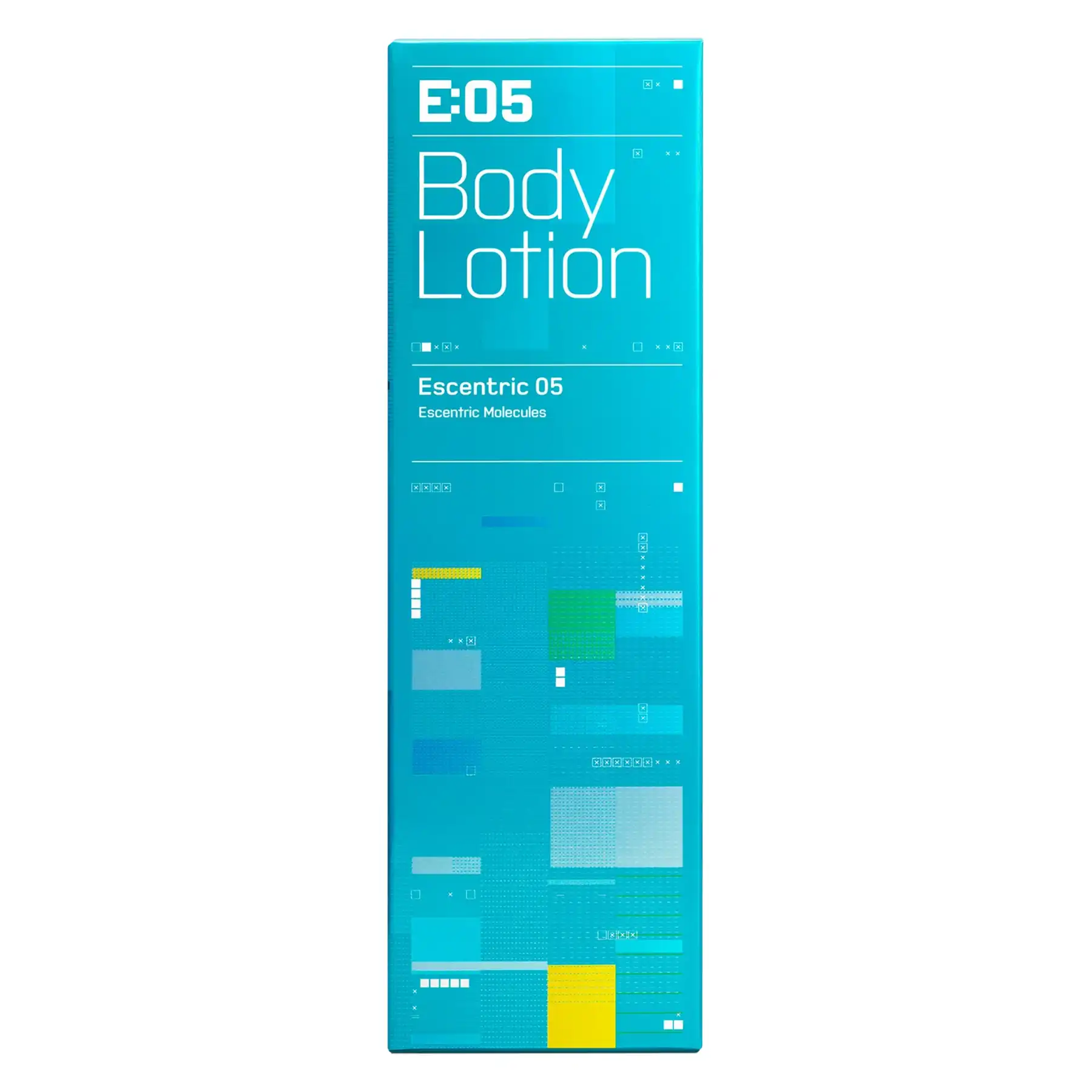 Escentric Molecules Escentric 05 Body Lotion turquoise tube with matching packaging, front display