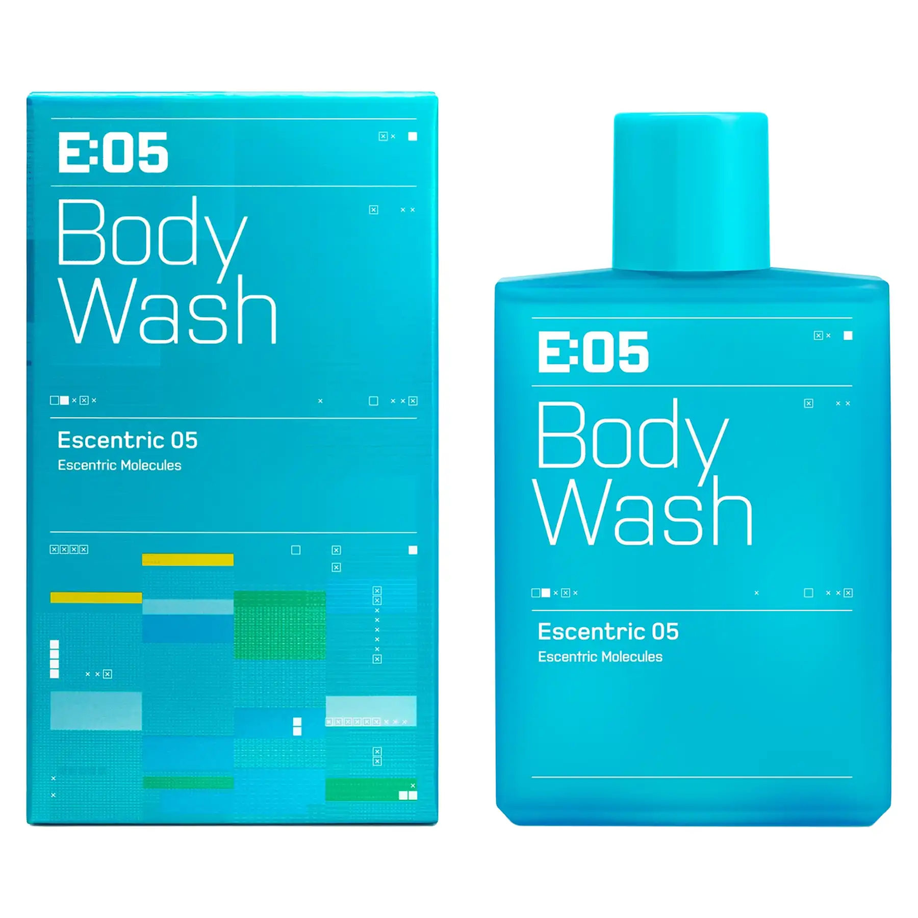 Escentric Molecules Escentric 05 Body Wash turquoise bottle next to matching packaging, side-angle view