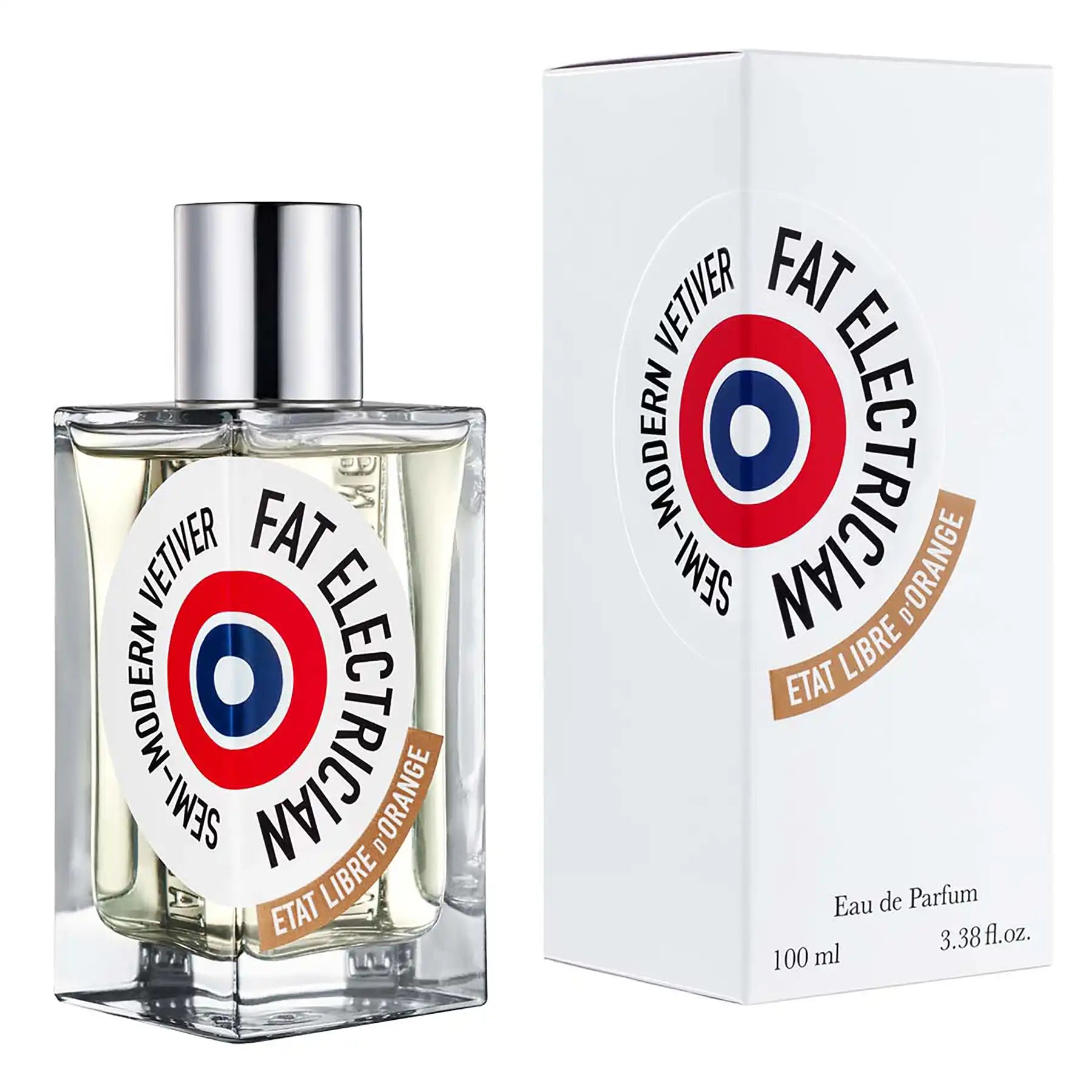 Fat Electrician Eau de Parfum by Etat Libre d'Orange, 100ml bottle next to white box packaging featuring circular logo