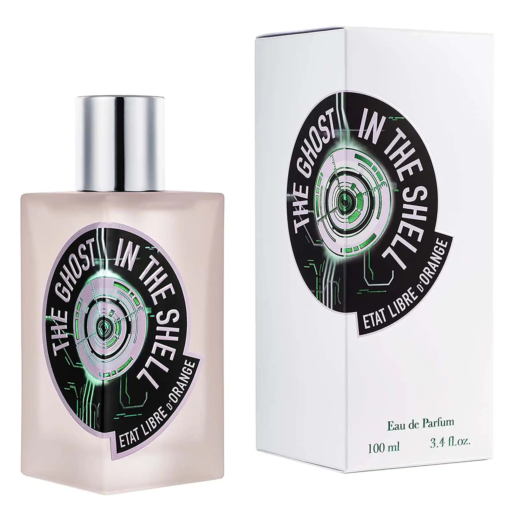 The Ghost In The Shell Eau de Parfum by Etat Libre d'Orange, 100ml bottle next to white box packaging featuring circular green and black logo