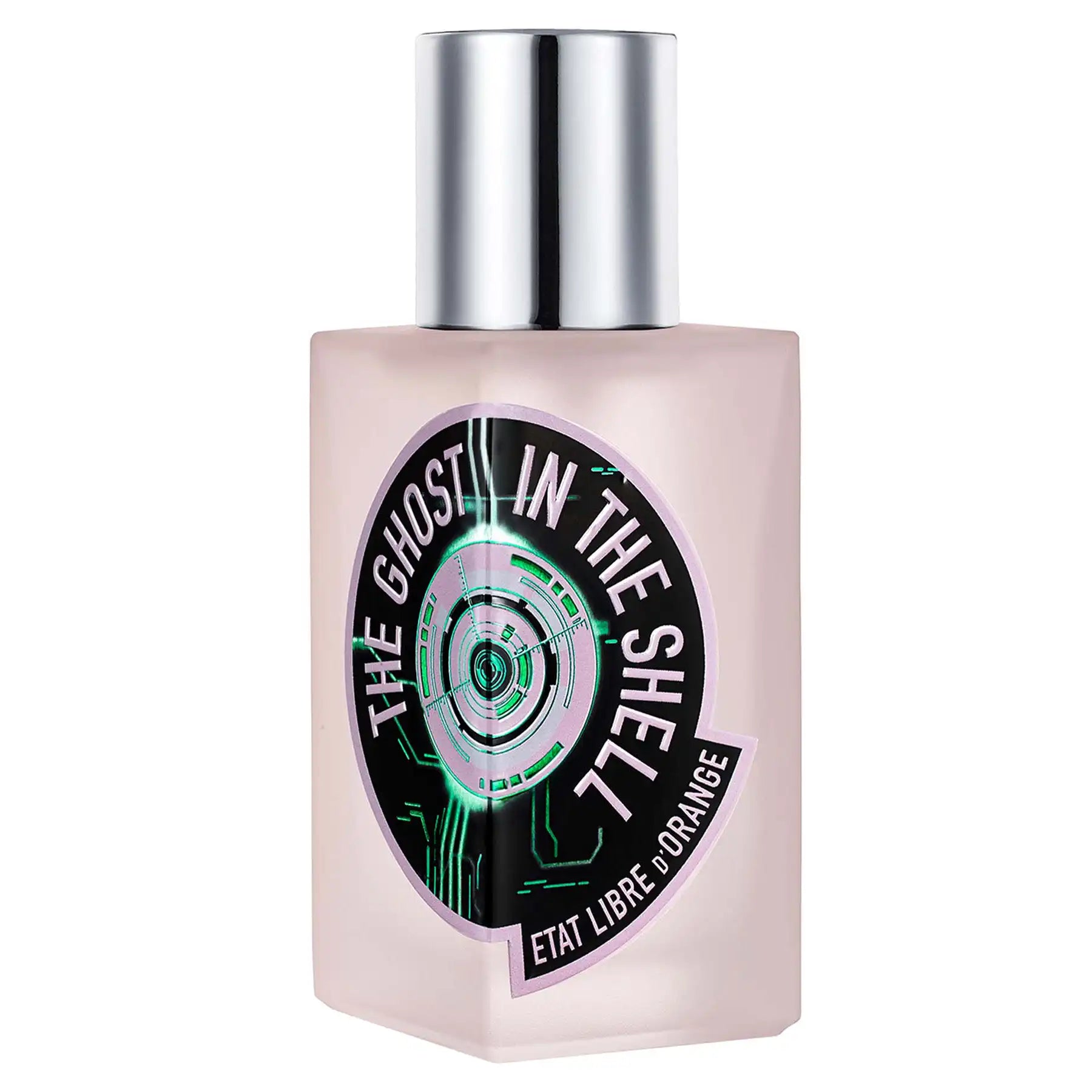 The Ghost In The Shell Eau de Parfum by Etat Libre d'Orange, 50ml bottle with silver cap and circular green and black logo on frosted beige glass