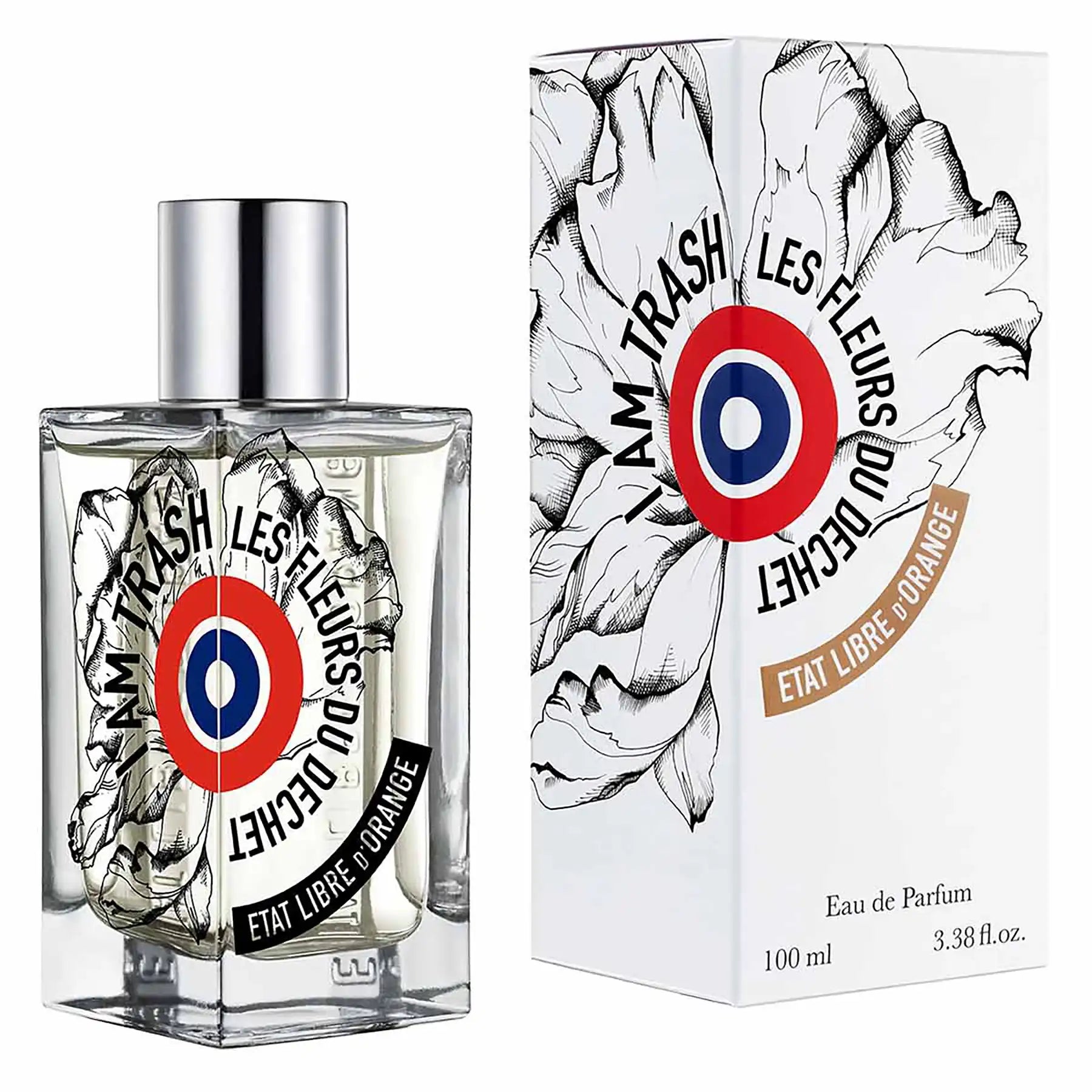 I Am Trash Eau de Parfum by Etat Libre d'Orange, 100ml bottle next to white box packaging with floral artwork and circular logo