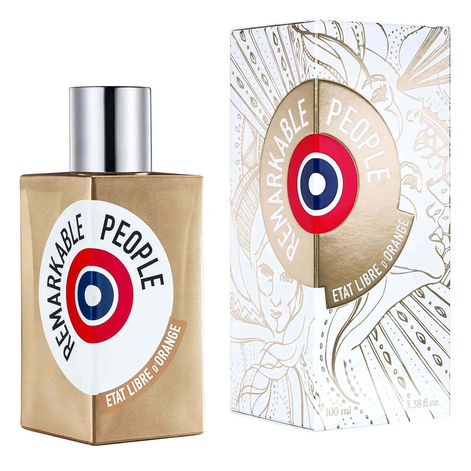 Remarkable People Eau de Parfum by Etat Libre d'Orange, 100ml bottle next to white box packaging with circular logo and gold accents