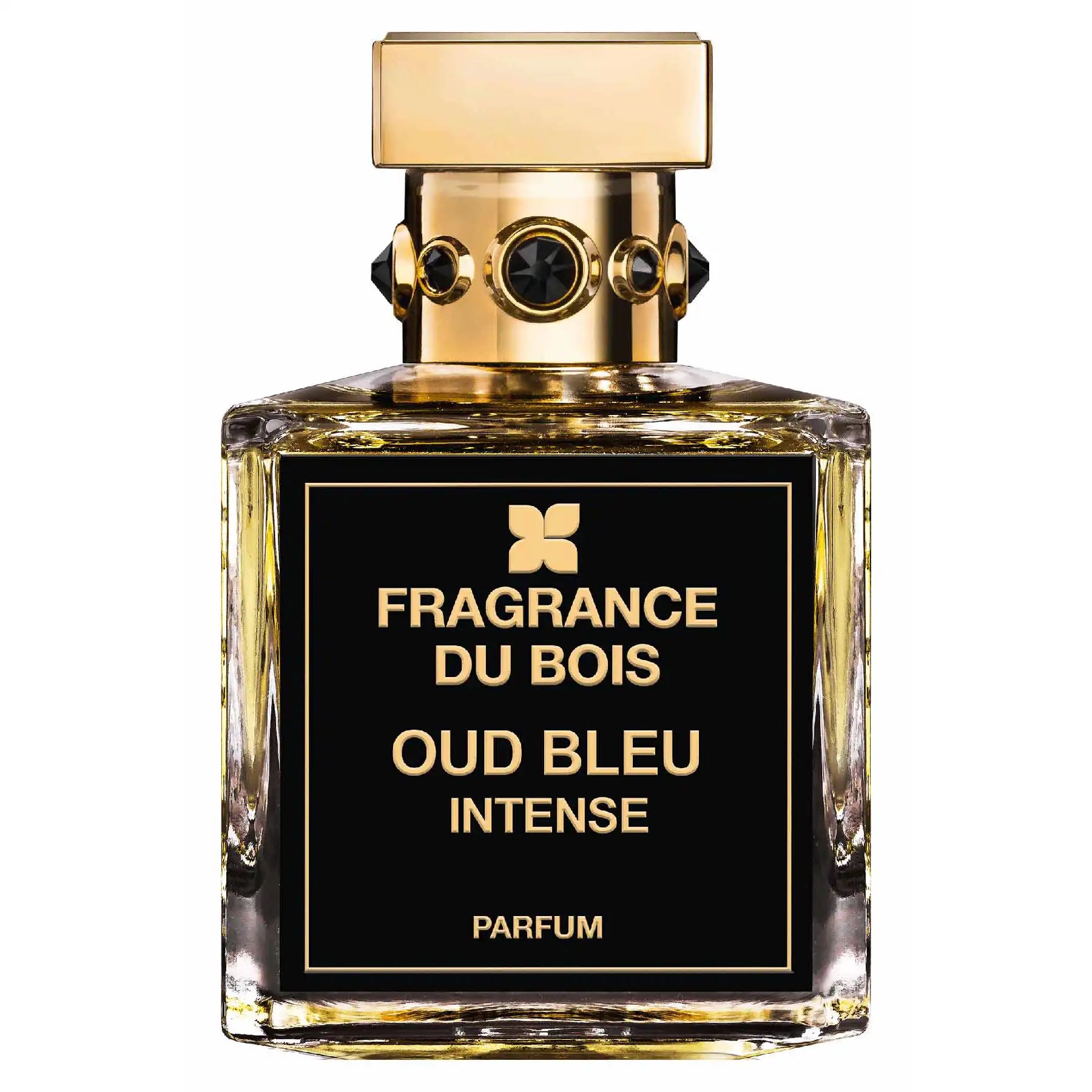 Oud Bleu Intense Eau de Parfum by Fragrance Du Bois, 100ml bottle with clear glass, black label and gold cap adorned with gemstone details