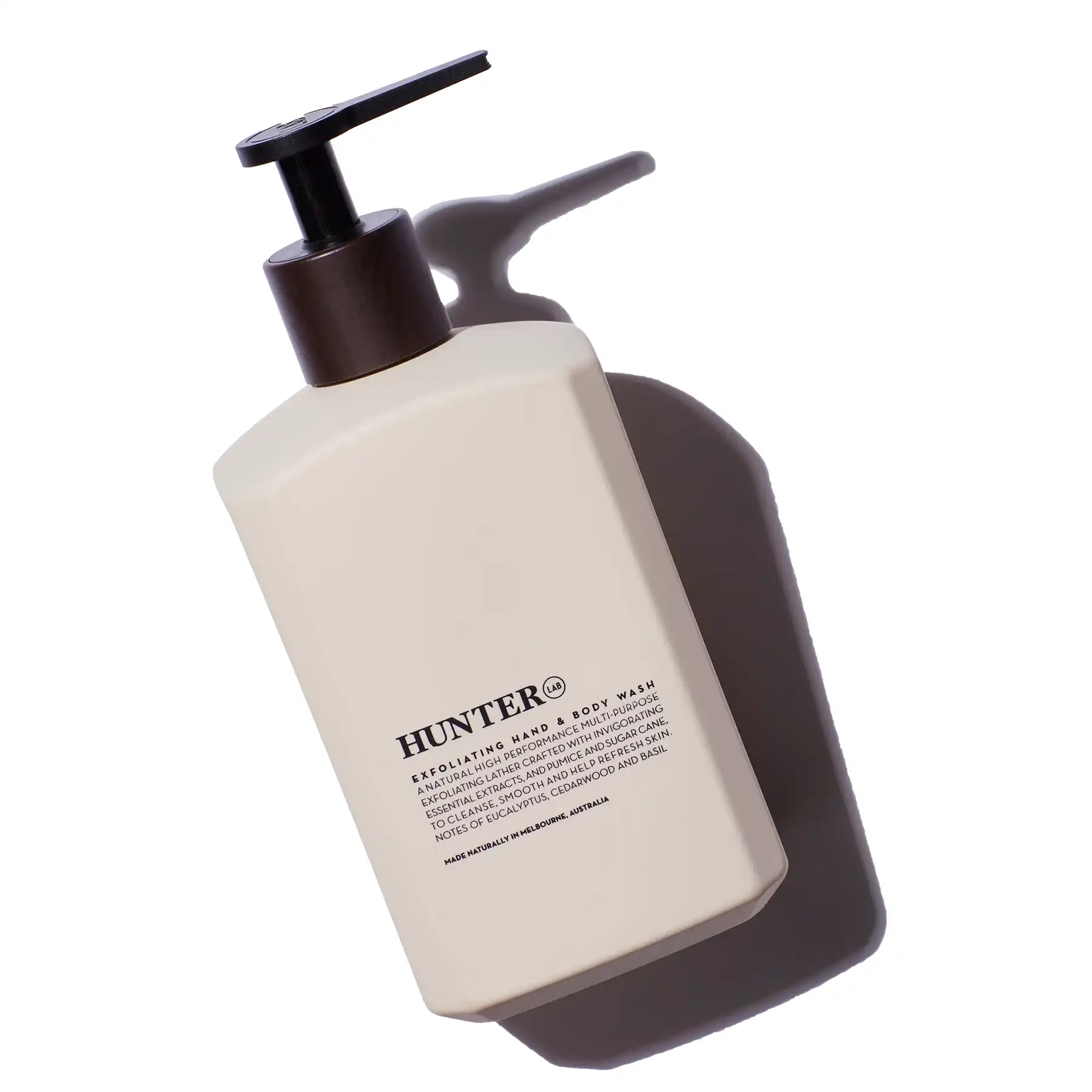 Hunter Lab Exfoliating Hand & Body Wash angled view of the bottle