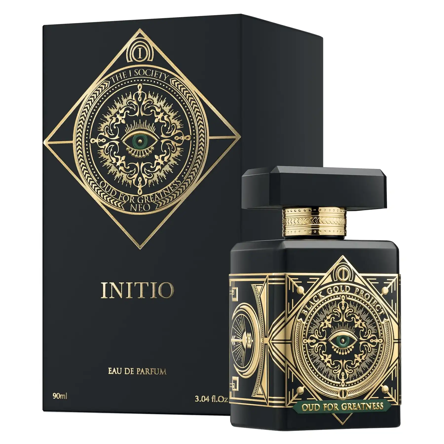 Initio Parfums Oud For Greatness Neo, black and gold packaging.