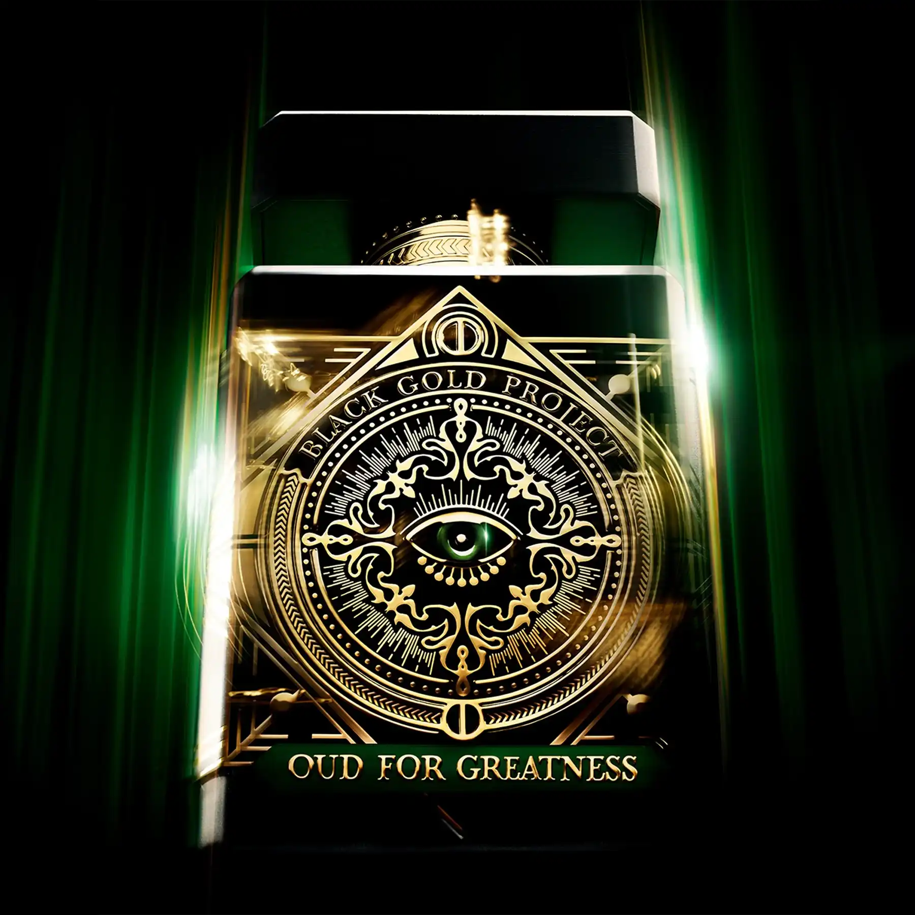 Oud For Greatness Neo perfume, green glow highlighting gold design.