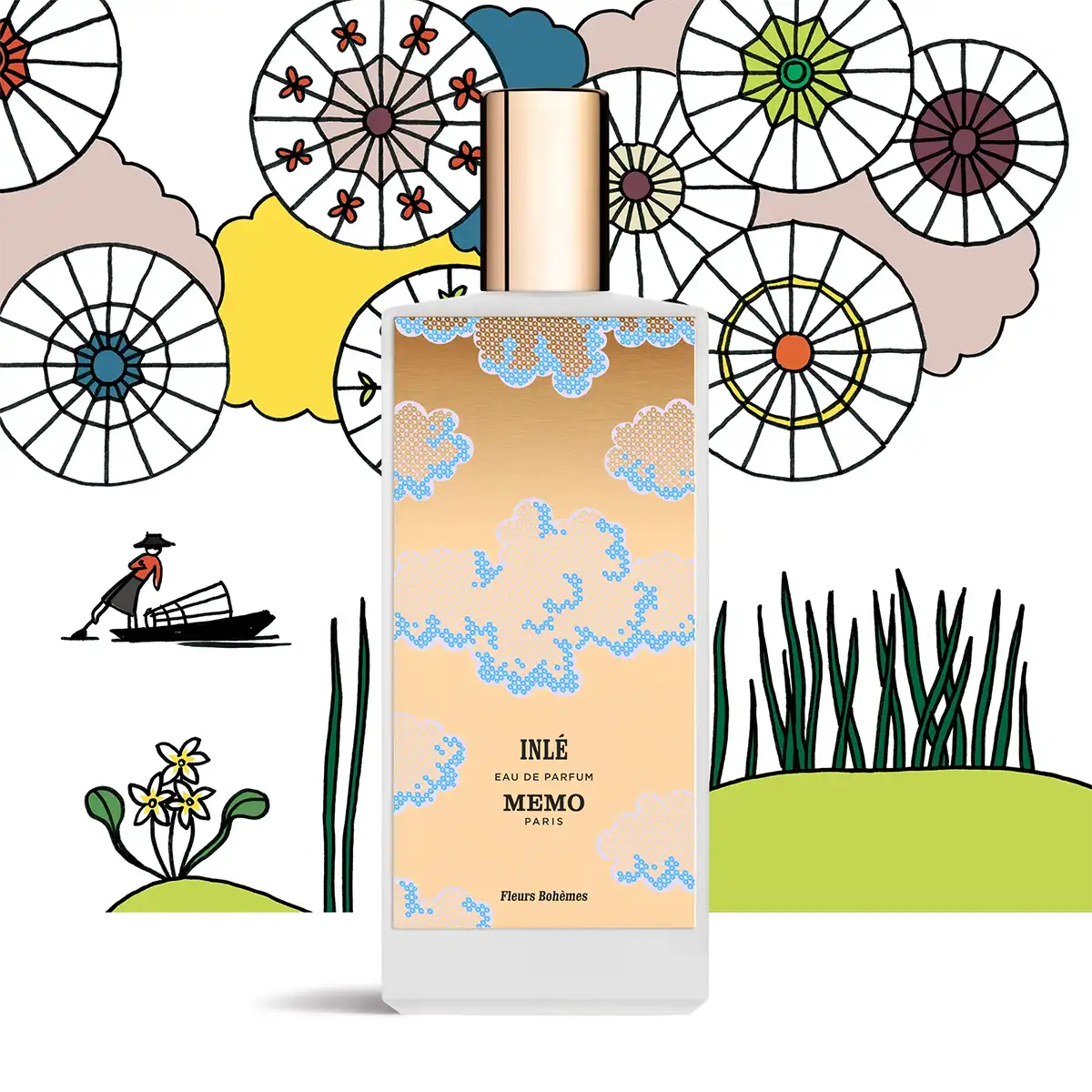 Inlé by Memo Paris, 75ml bottle set against nature-inspired illustrations with flowers and plants