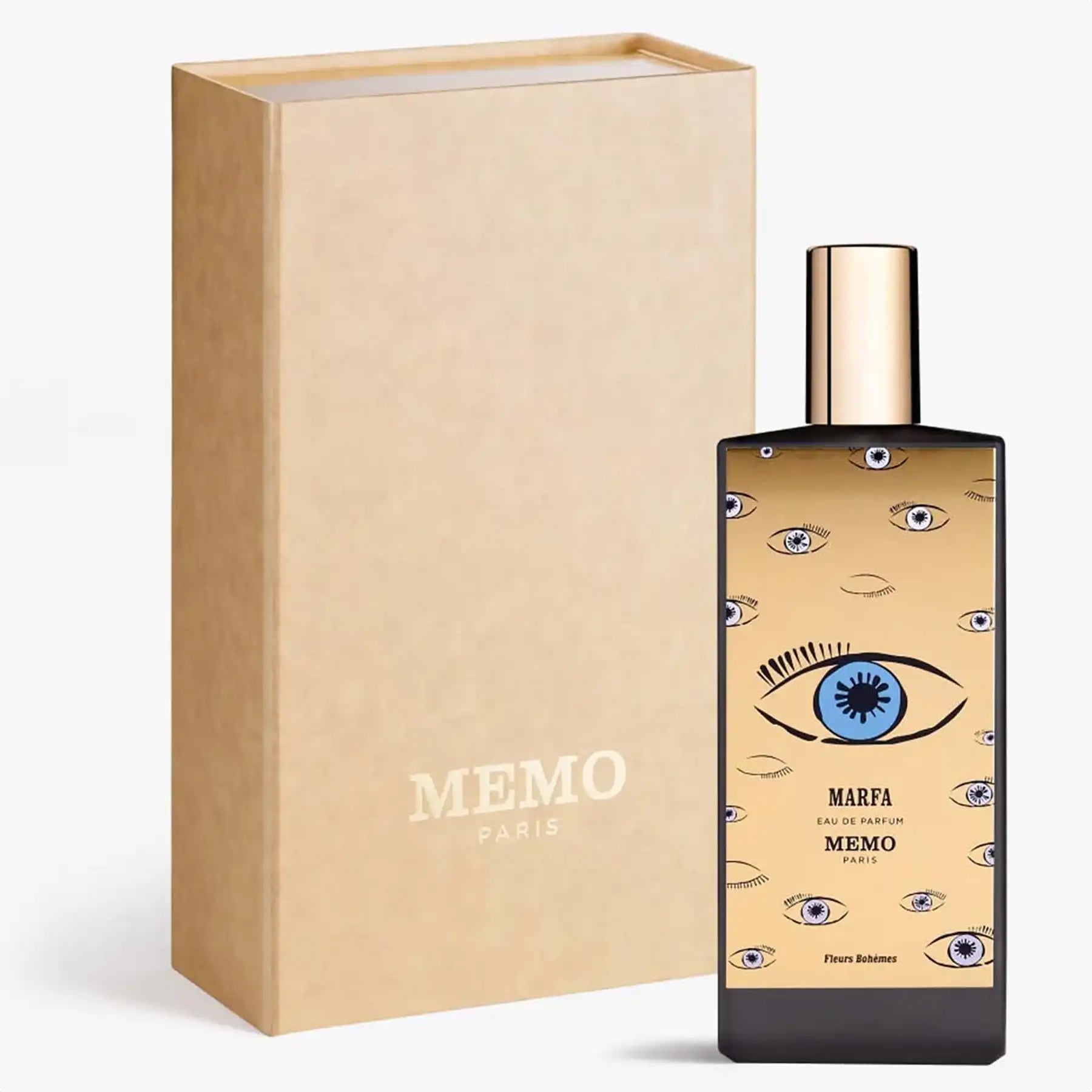 Marfa Eau de Parfum by Memo Paris, 75ml bottle next to tan box packaging