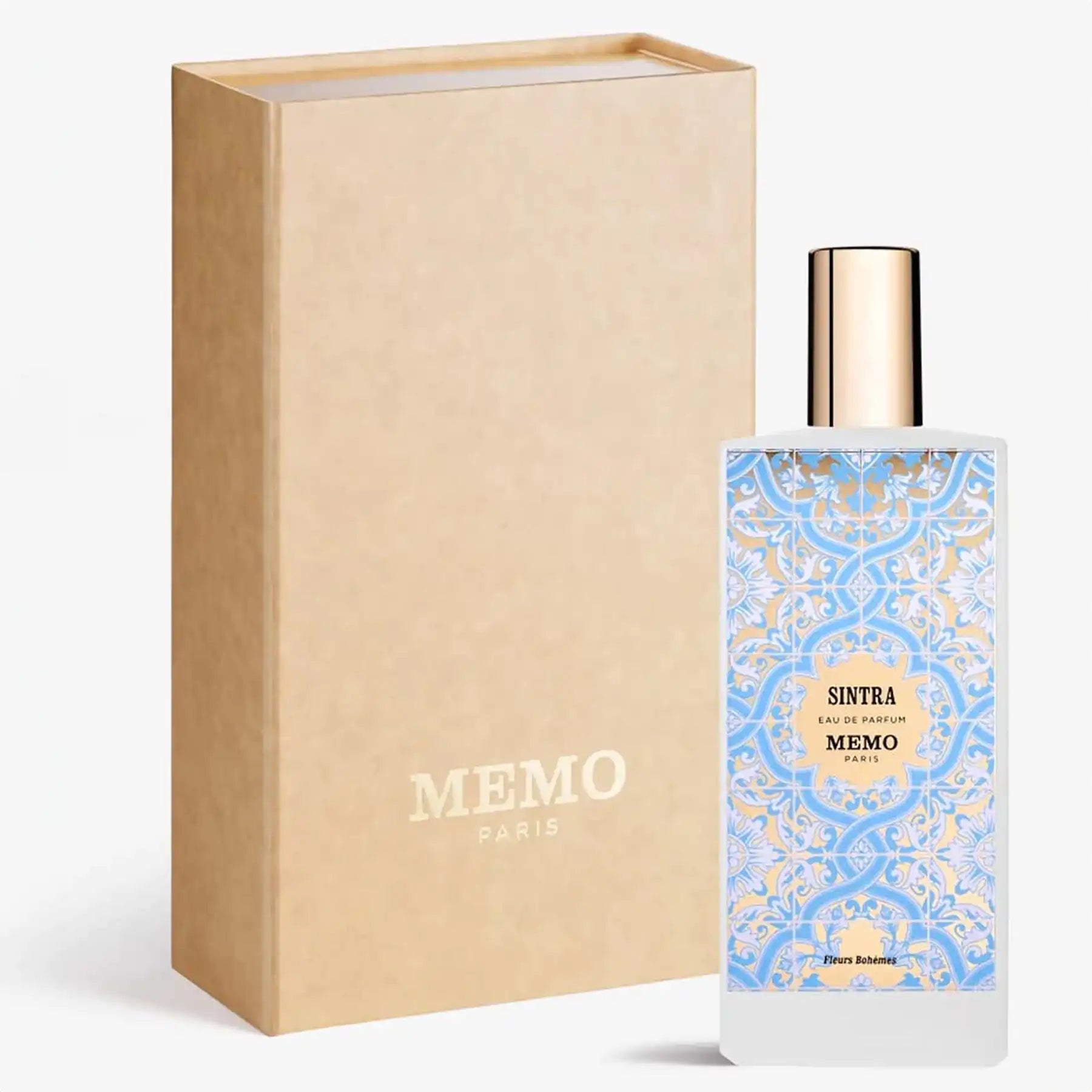 Sintra Eau de Parfum by Memo Paris, 75ml bottle next to tan box packaging