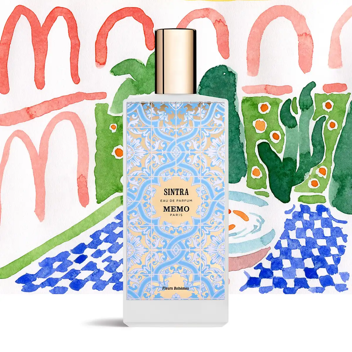 Sintra Eau de Parfum by Memo Paris, 75ml bottle displayed against a colorful, patterned backdrop