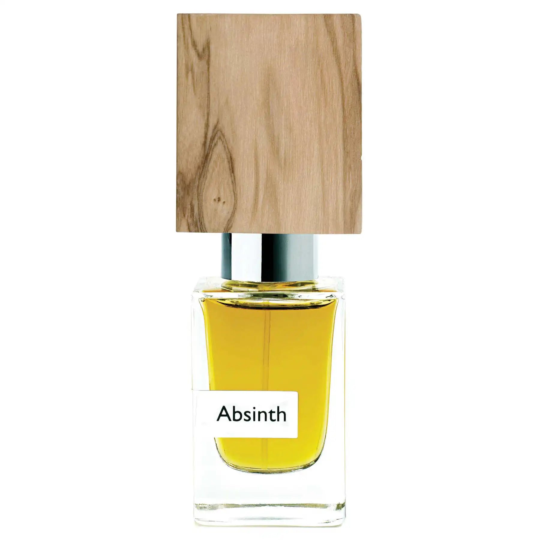 Nasomatto Absinth luxury perfume bottle with light wooden cap and yellow liquid, front view