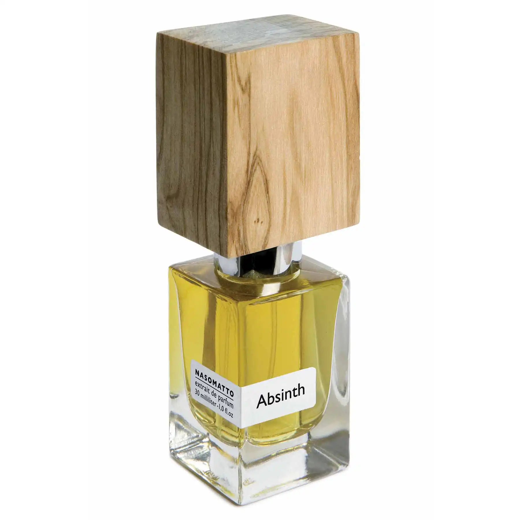 Elegant Nasomatto Absinth perfume bottle with light wooden cap and yellow liquid, side-angle view