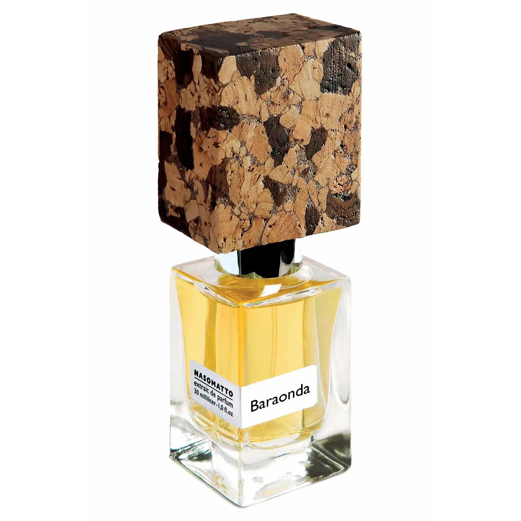 Elegant Nasomatto Baraonda perfume bottle with unique cork-like cap and amber liquid, side-angle view