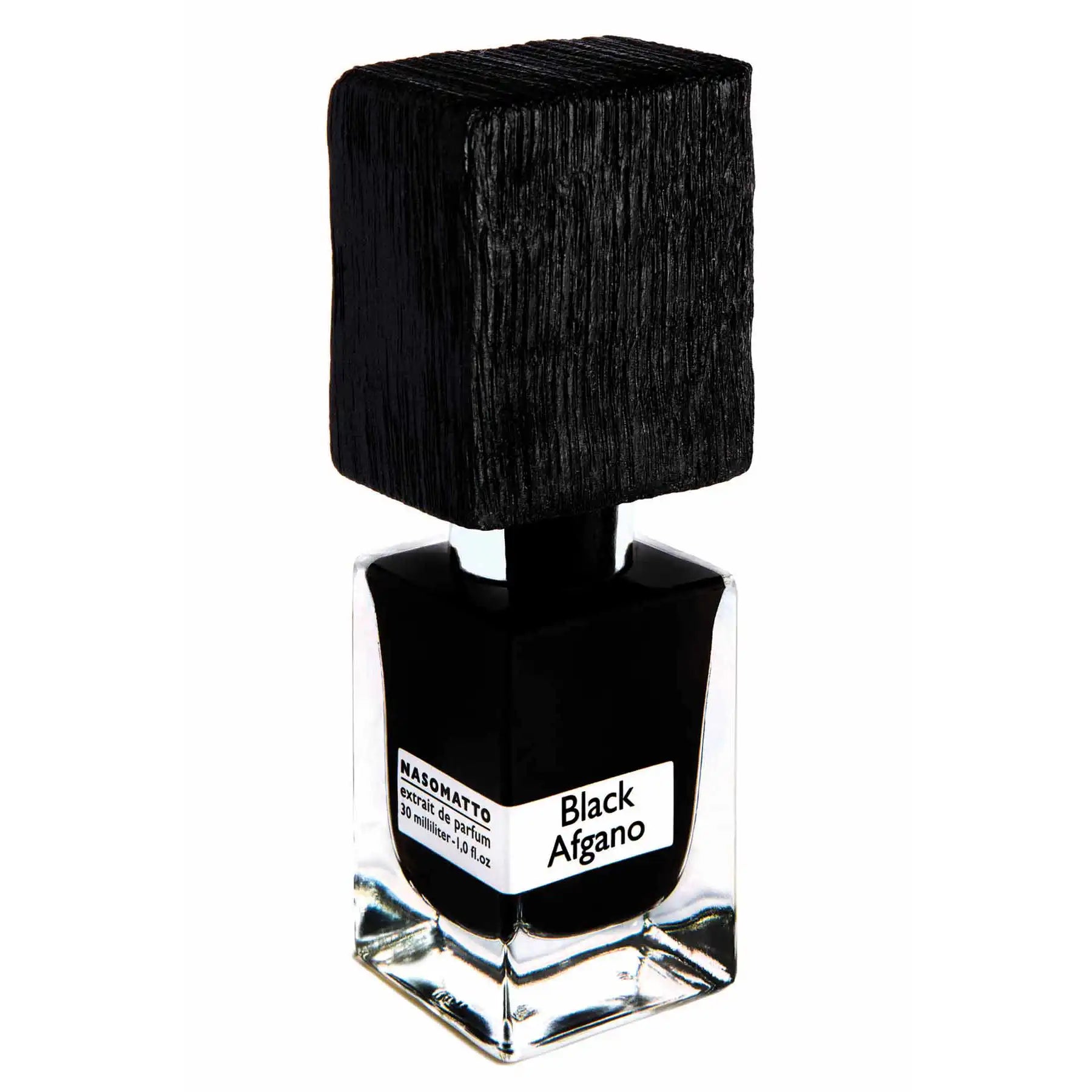 Elegant Nasomatto Black Afgano perfume bottle with black wooden cap and dark liquid, side-angle view